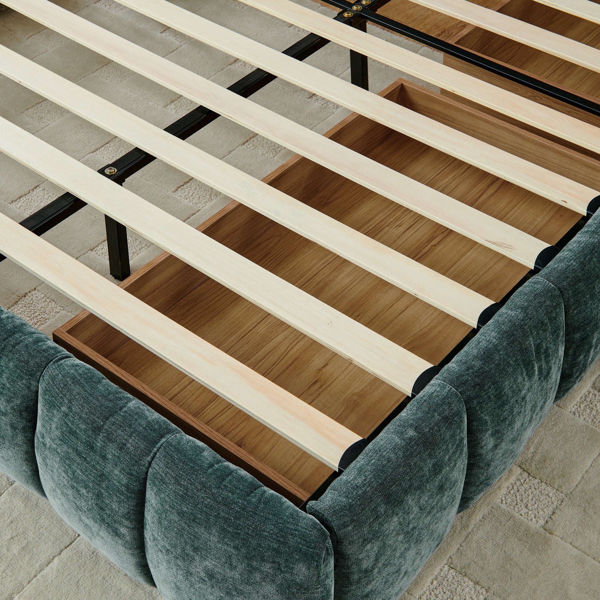 Blue-green chenille bed frame with both underbed drawers open