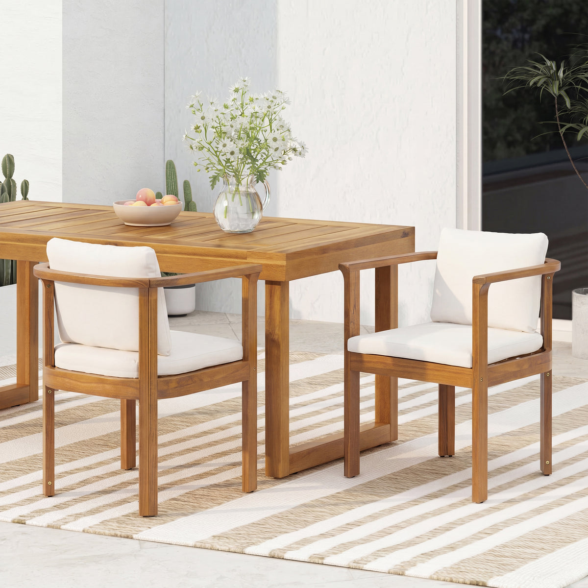 Teak Finish Solid Wood Outdoor Dining Chair, Set of 2, Curved