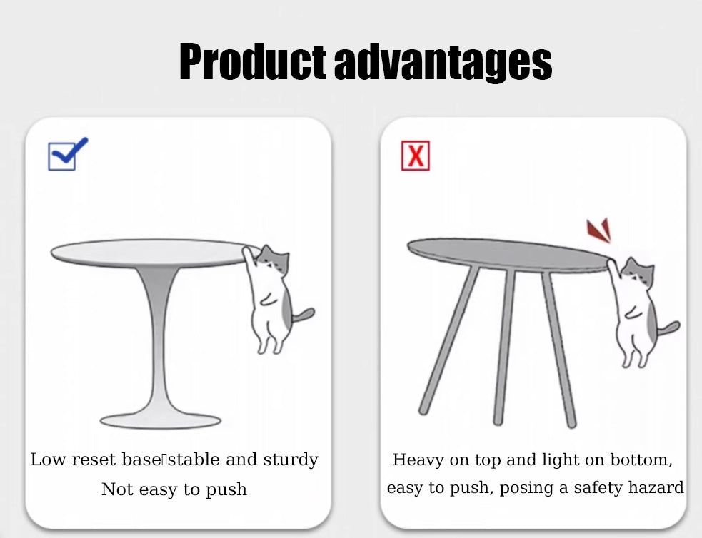 Feature graphic comparing a stable low tulip base with a tippy three-leg table, with cartoon cats