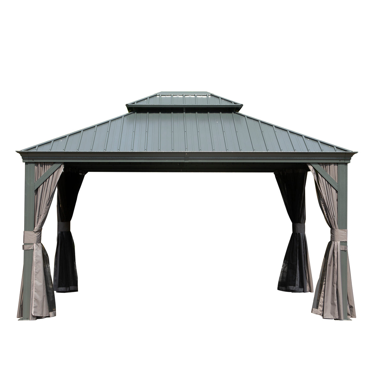 10x12 ft Gray Aluminum Double Roof Hardtop Gazebo with Netting and Curtains