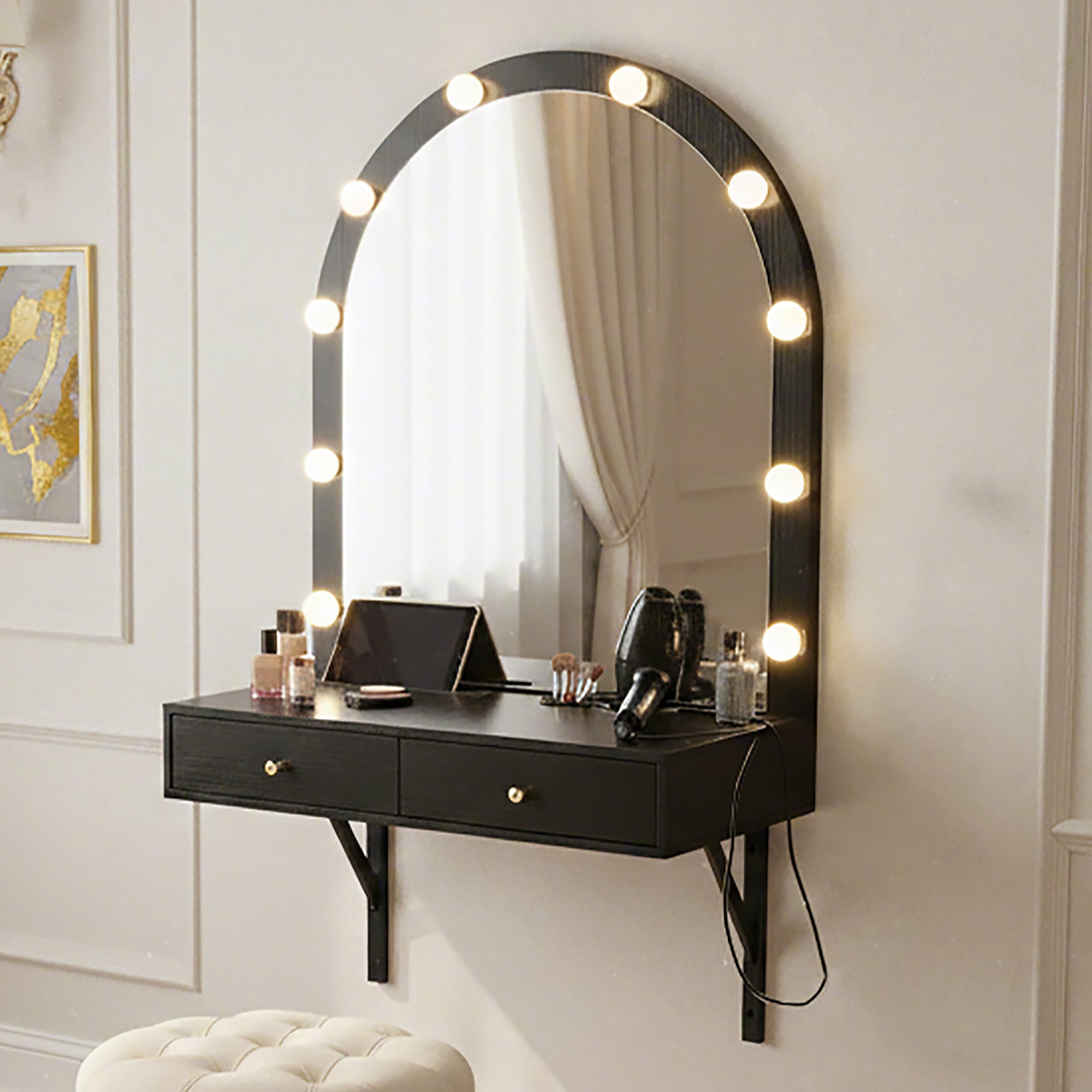 Wall Mounted Vanity with LED Mirror and 2 Drawers, Black