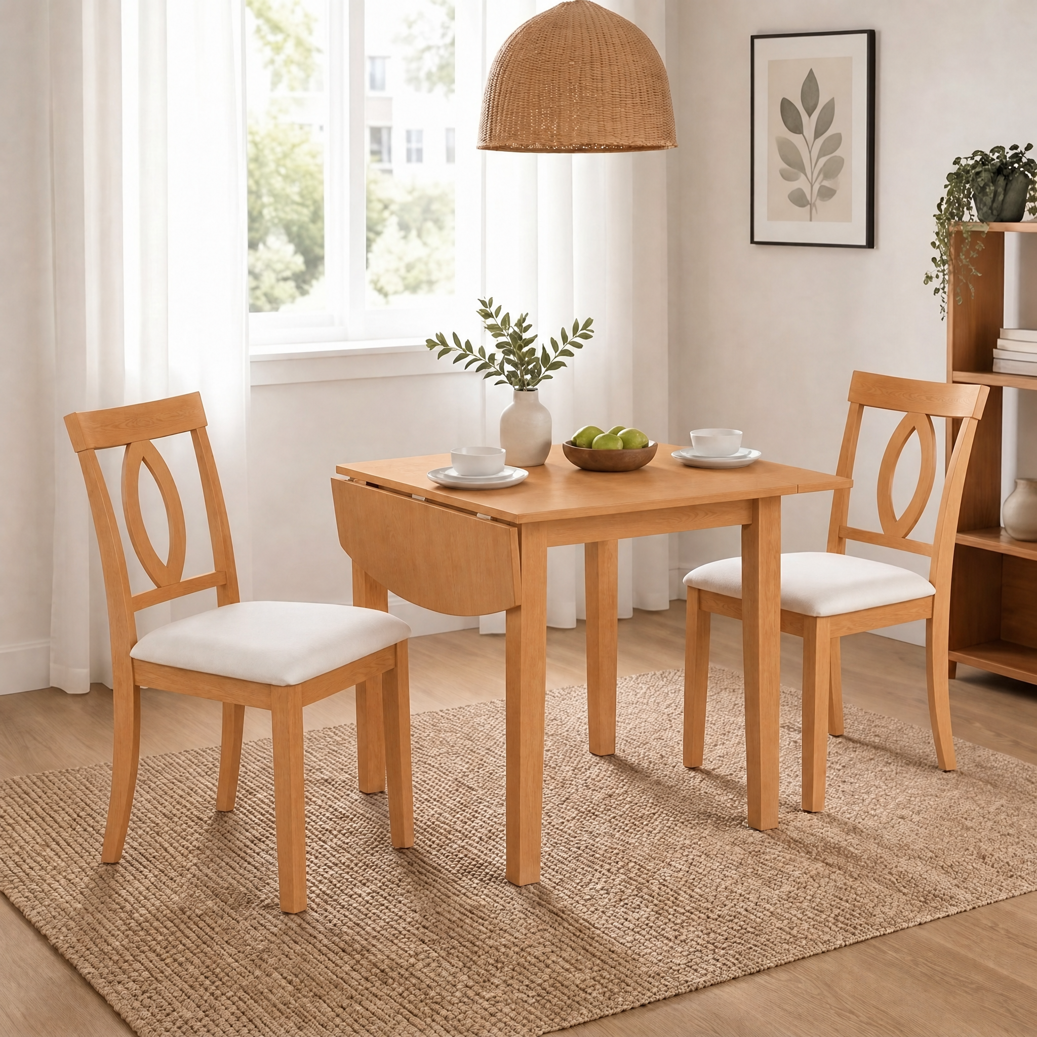 3-Piece Drop-Leaf Dining Set for 2, Natural Wood Table + 2 Chairs