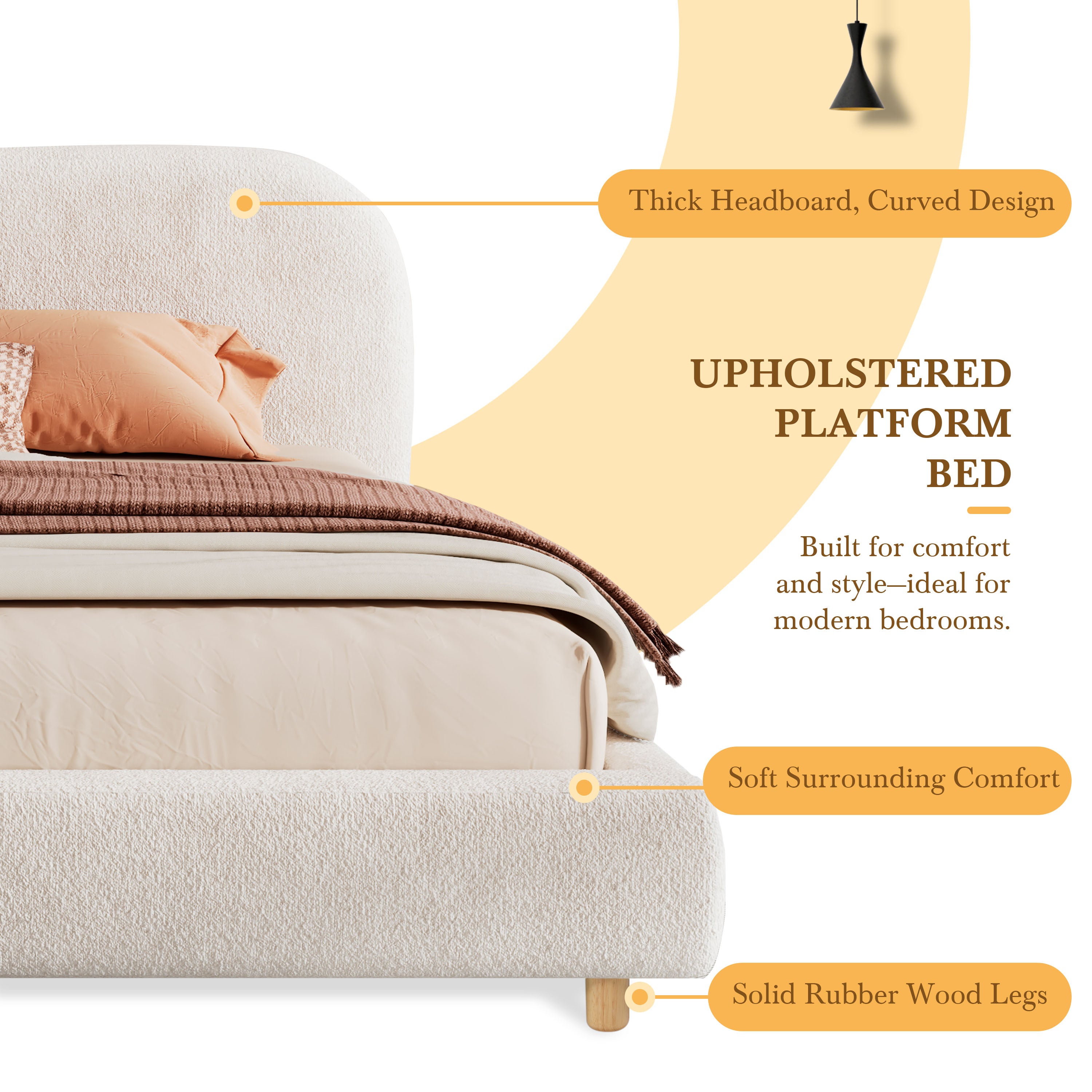 White boucle king bed headboard detail with curved design and orange pillows