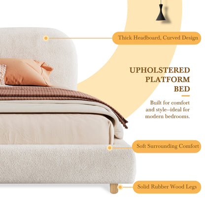 White boucle king bed headboard detail with curved design and orange pillows