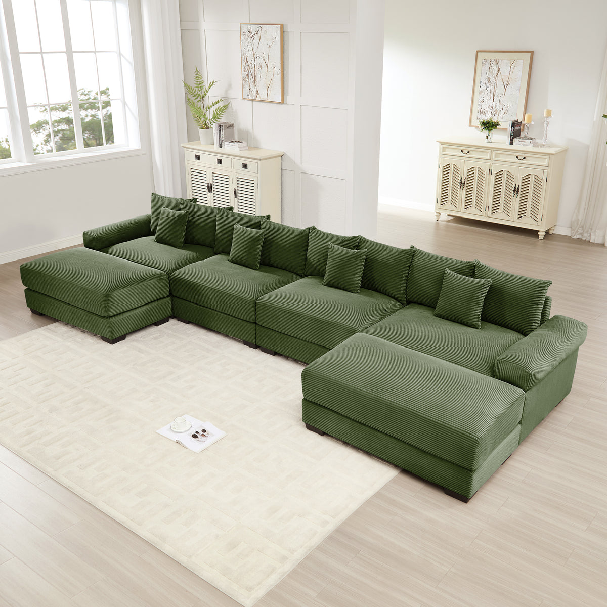 Green Corduroy Modular Sectional with 2 Ottomans, 170 in Wide