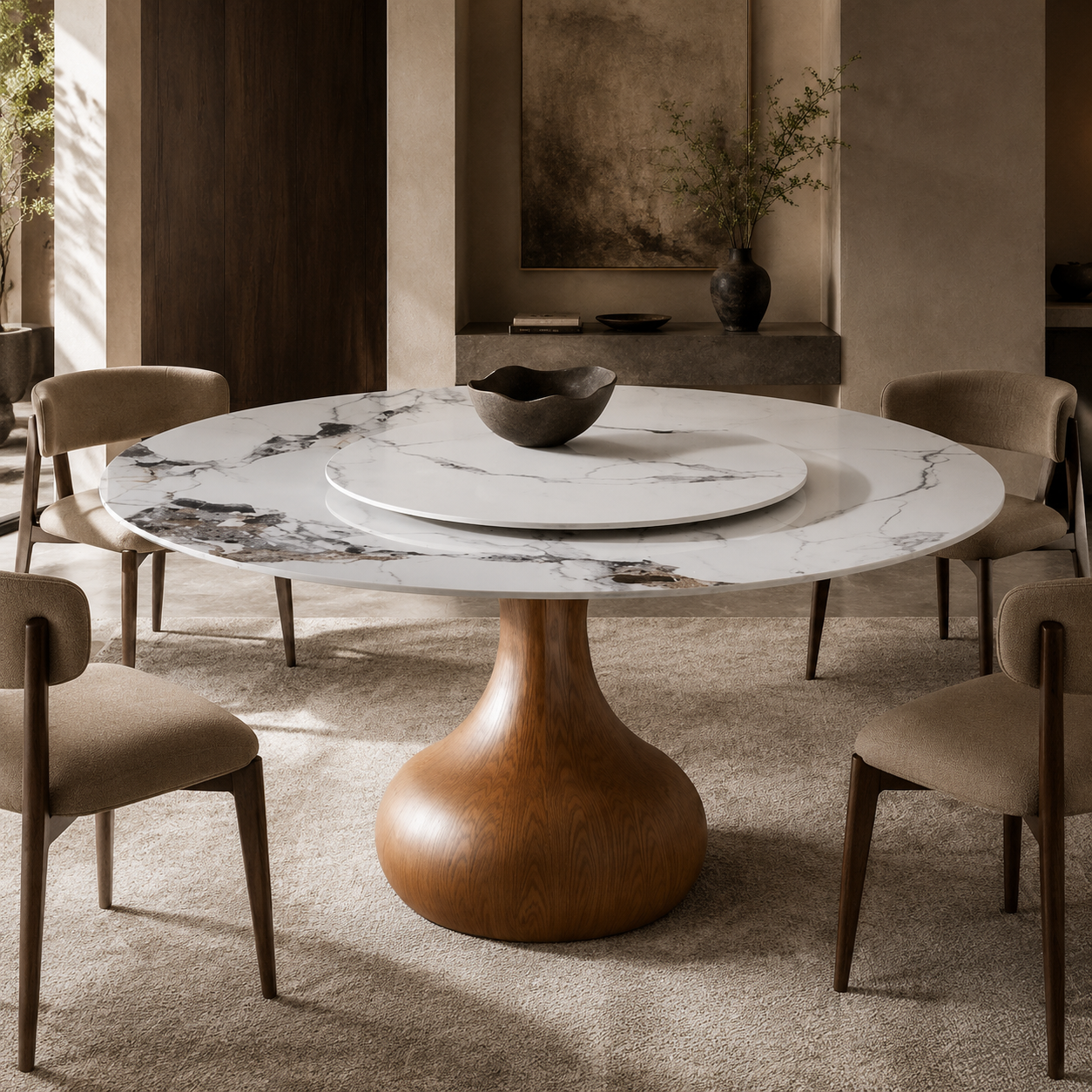 Sintered Stone Round Dining Table, Marble Look - White