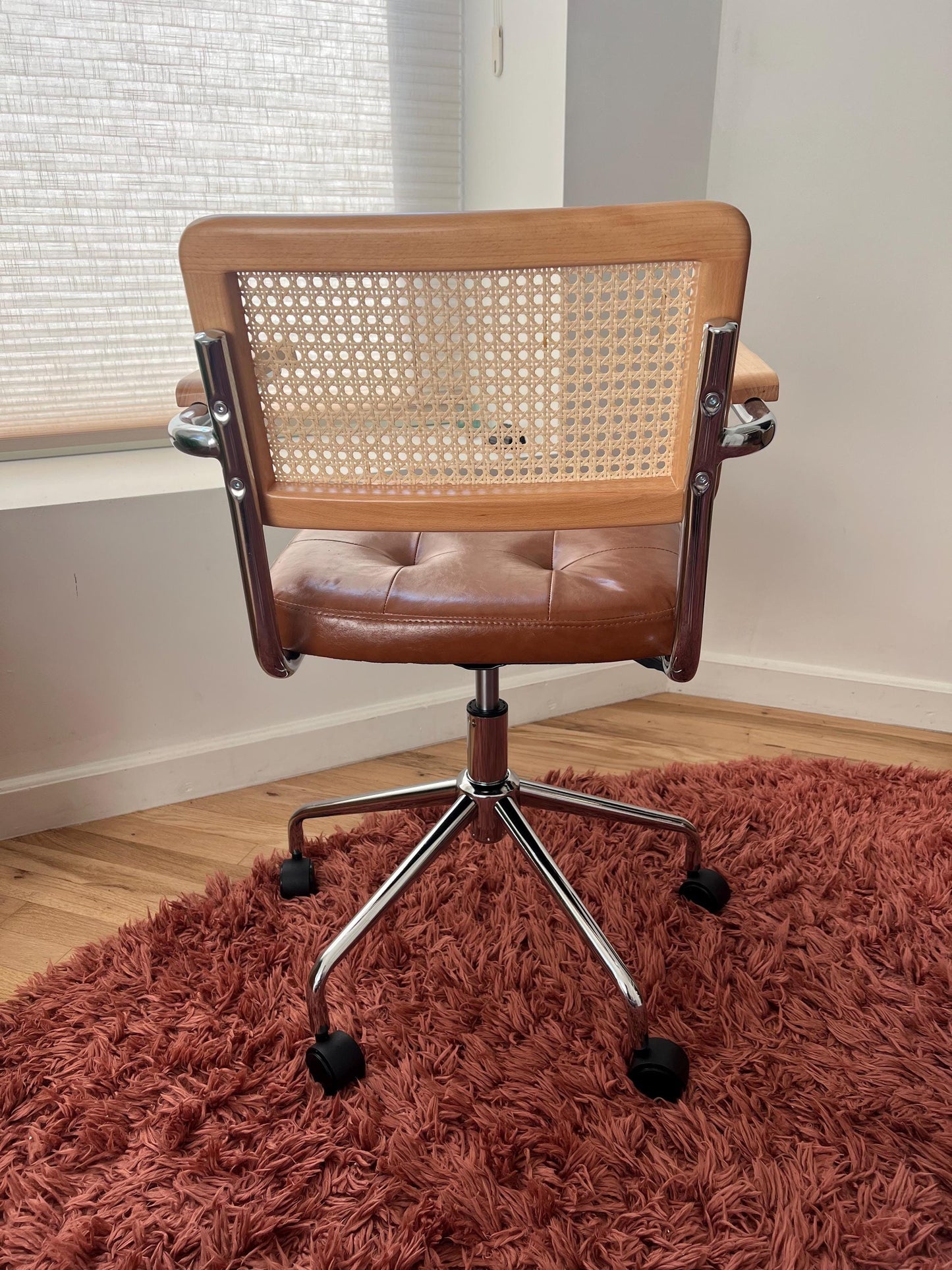 Mid Century Modern Desk & Office Chair – Handwoven Rattan & Vegan Leather