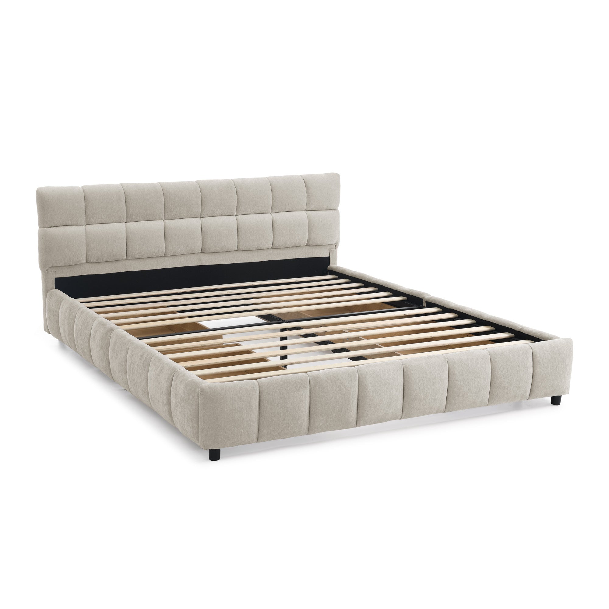 Front bare view of the beige chenille queen bed frame with grid-tufted headboard and exposed slats