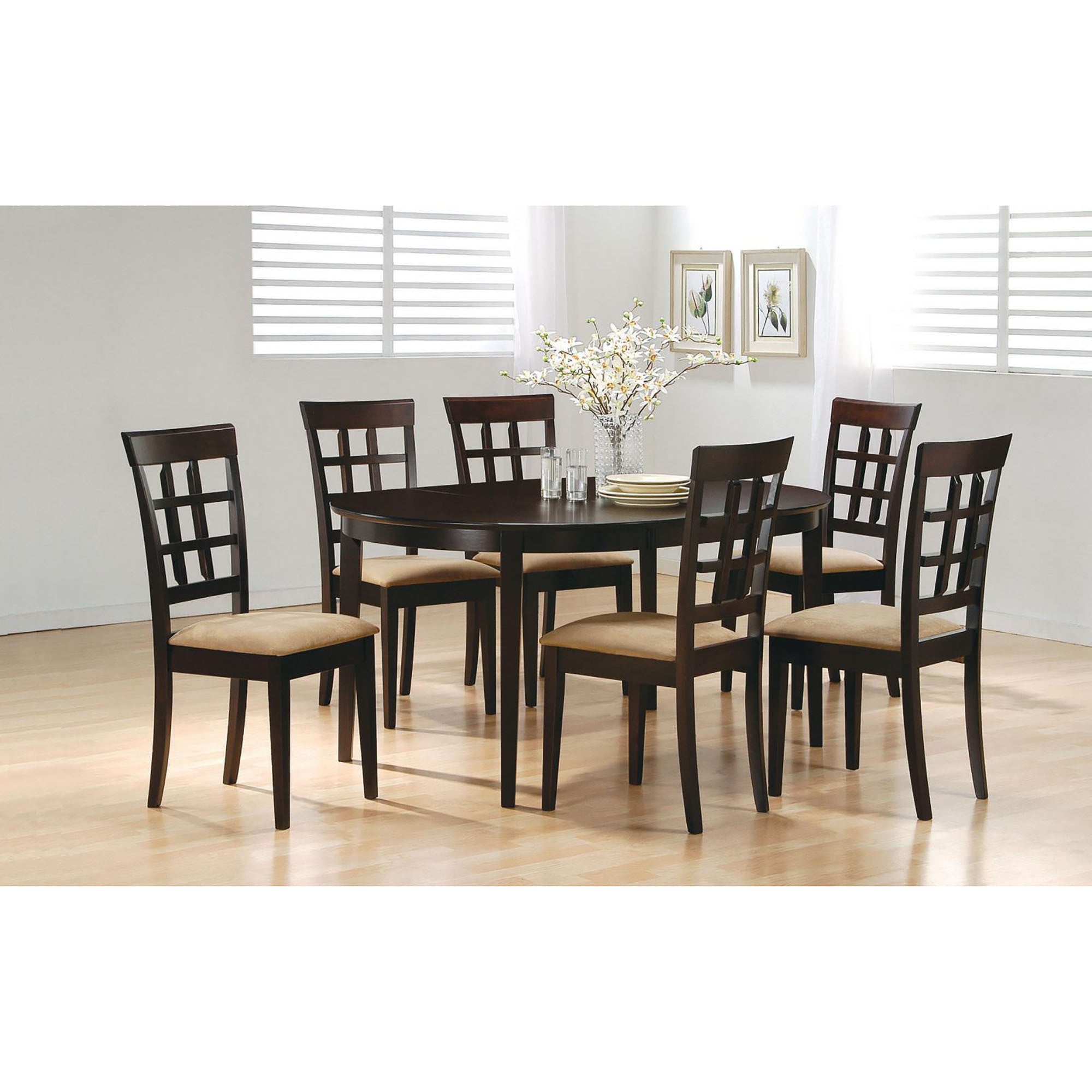 Cappuccino oval dining table set with six lattice-back chairs in a dining room