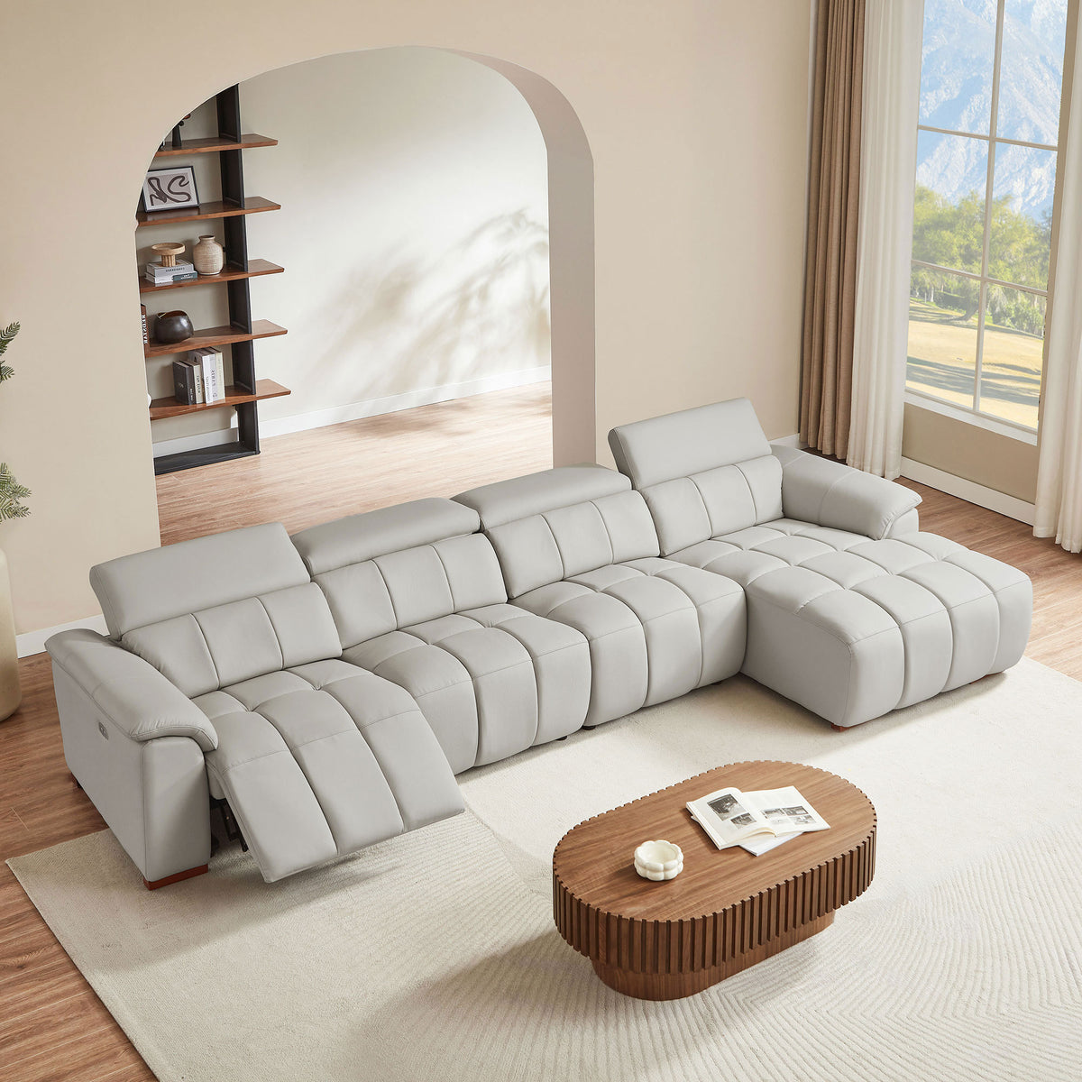 Gray Genuine Leather Power L-Shaped Reclining Sectional, Right-Facing