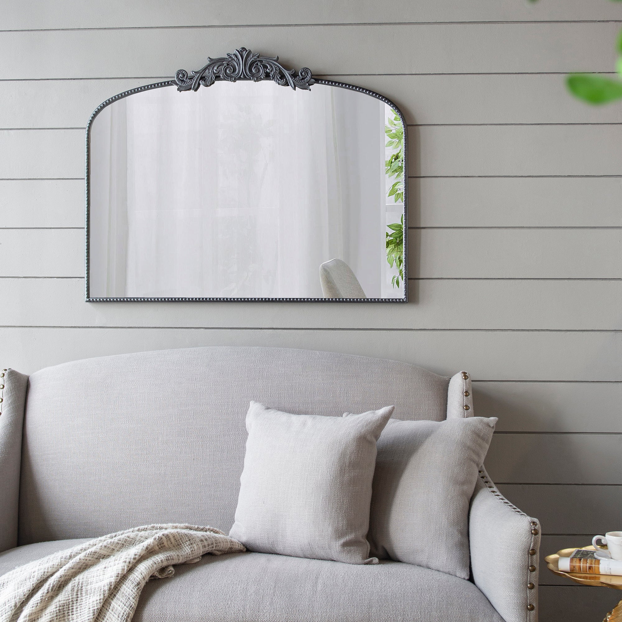 40" x 31.2" Black Baroque Arch Mirror, Freestanding