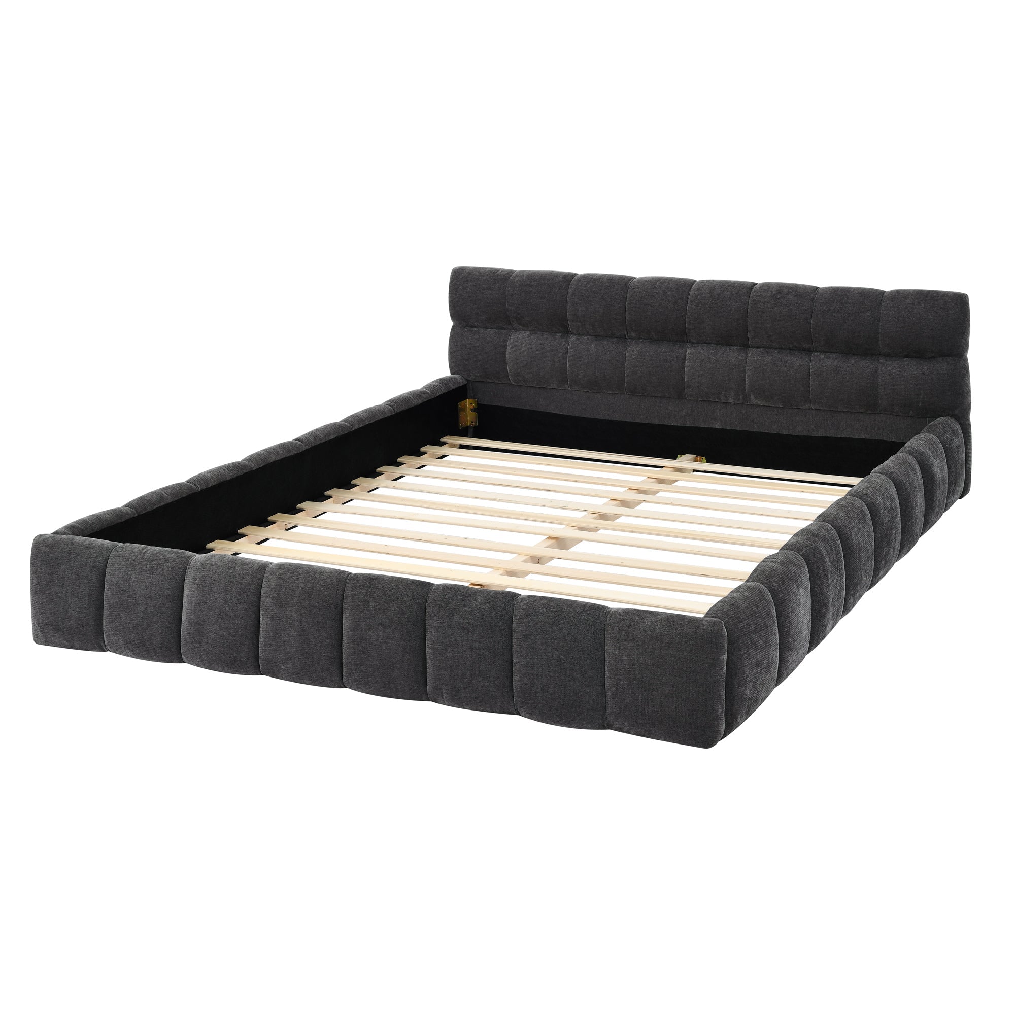 Dark grey chenille channel-tufted platform bed frame, angled view on white with slats #Color_Dark Grey