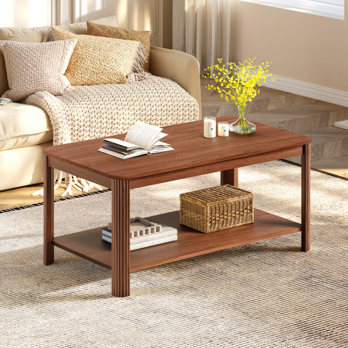 Walnut Rectangular Coffee Table with Storage, 39.4 in