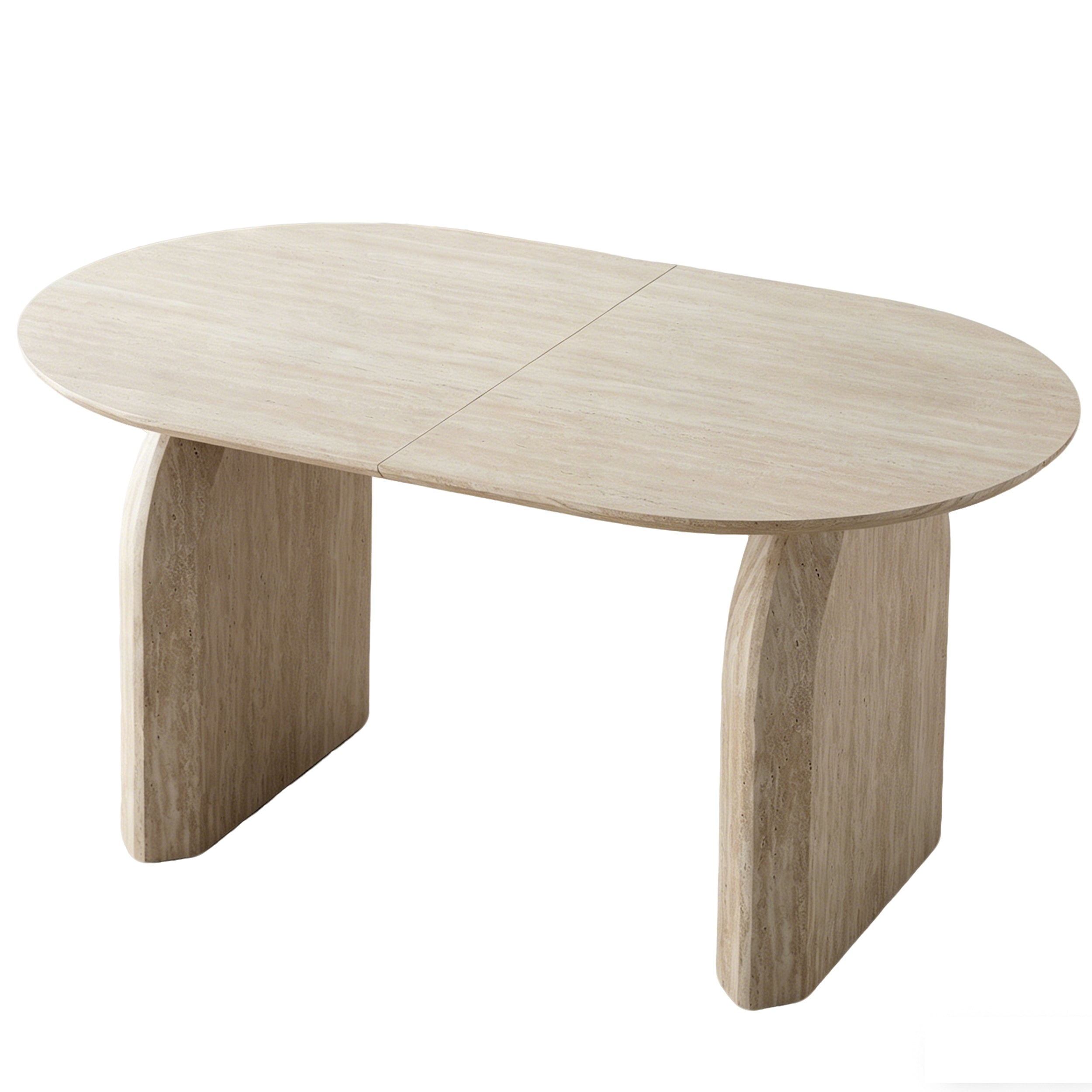 Angled studio view of the extended off-white oval extendable dining table