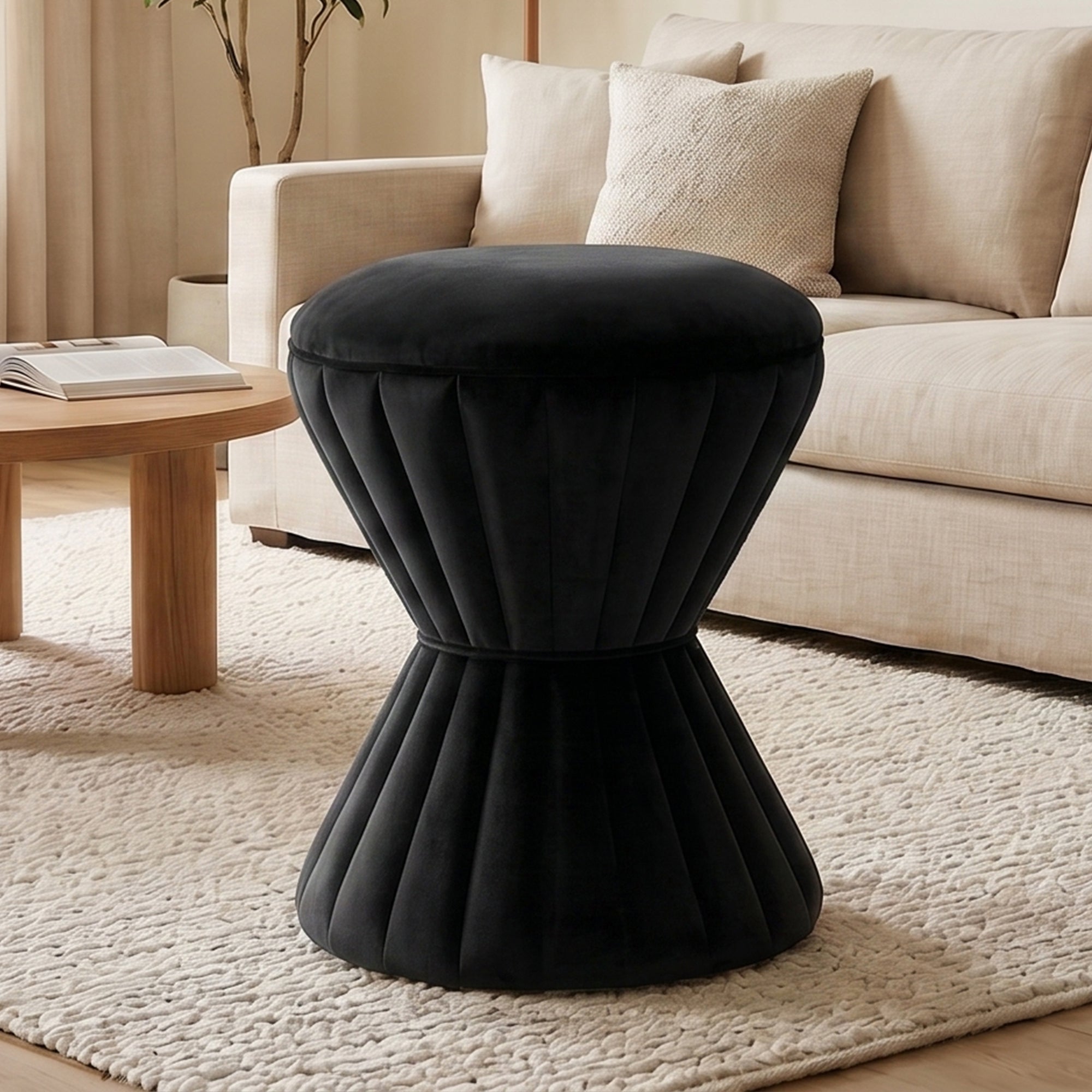 Black Velvet Vanity Stool, Round Upholstered Ottoman