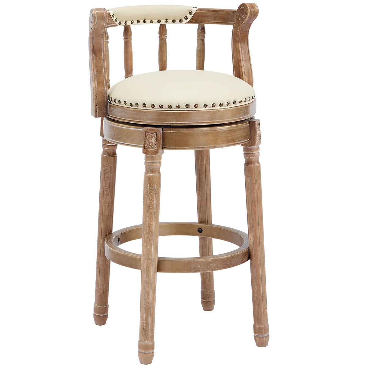 Genuine Leather Swivel Bar Stool, Wood Frame, Beige, 29.5-Inch Seat