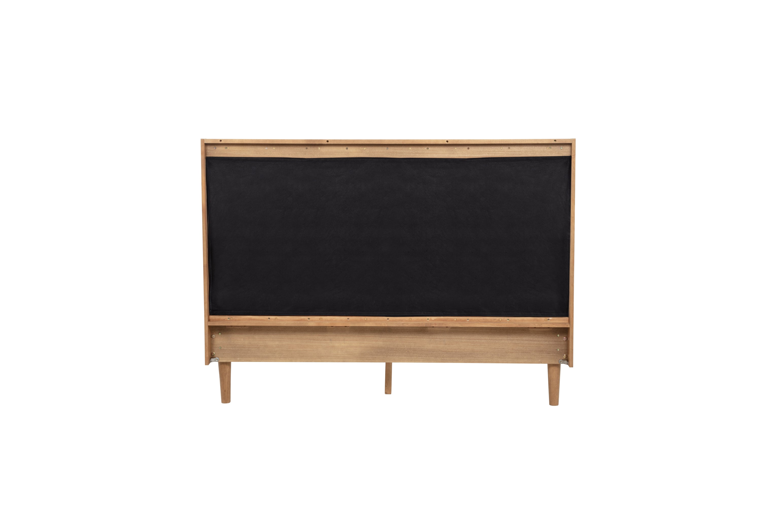 Straight rear view of the headboard covered by a black protection cloth panel on wood legs