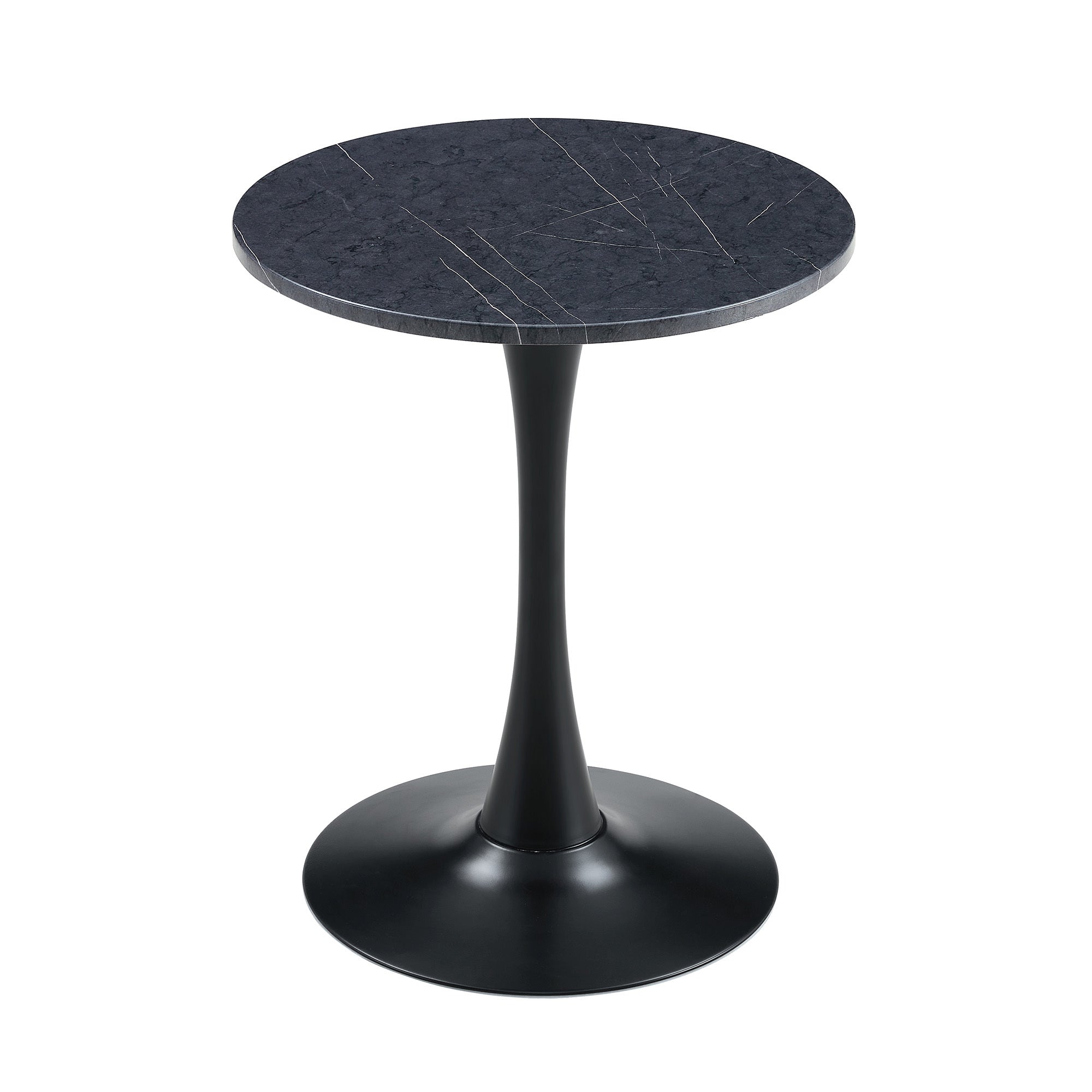 Black faux marble round bistro table with black tulip base on a plain white background, angled view