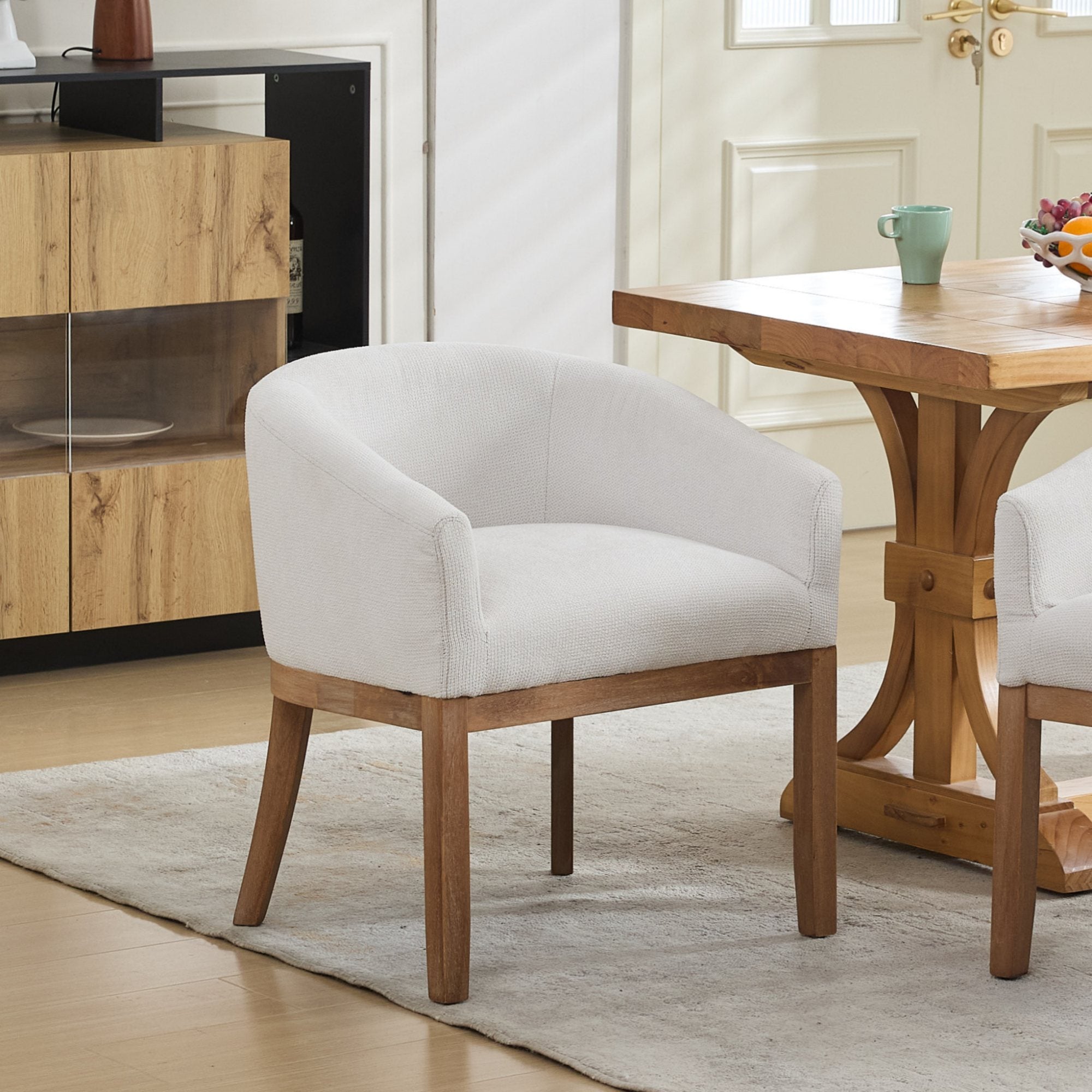 Barrel Dining Chair with Arms, Beige Linen and Wood Legs