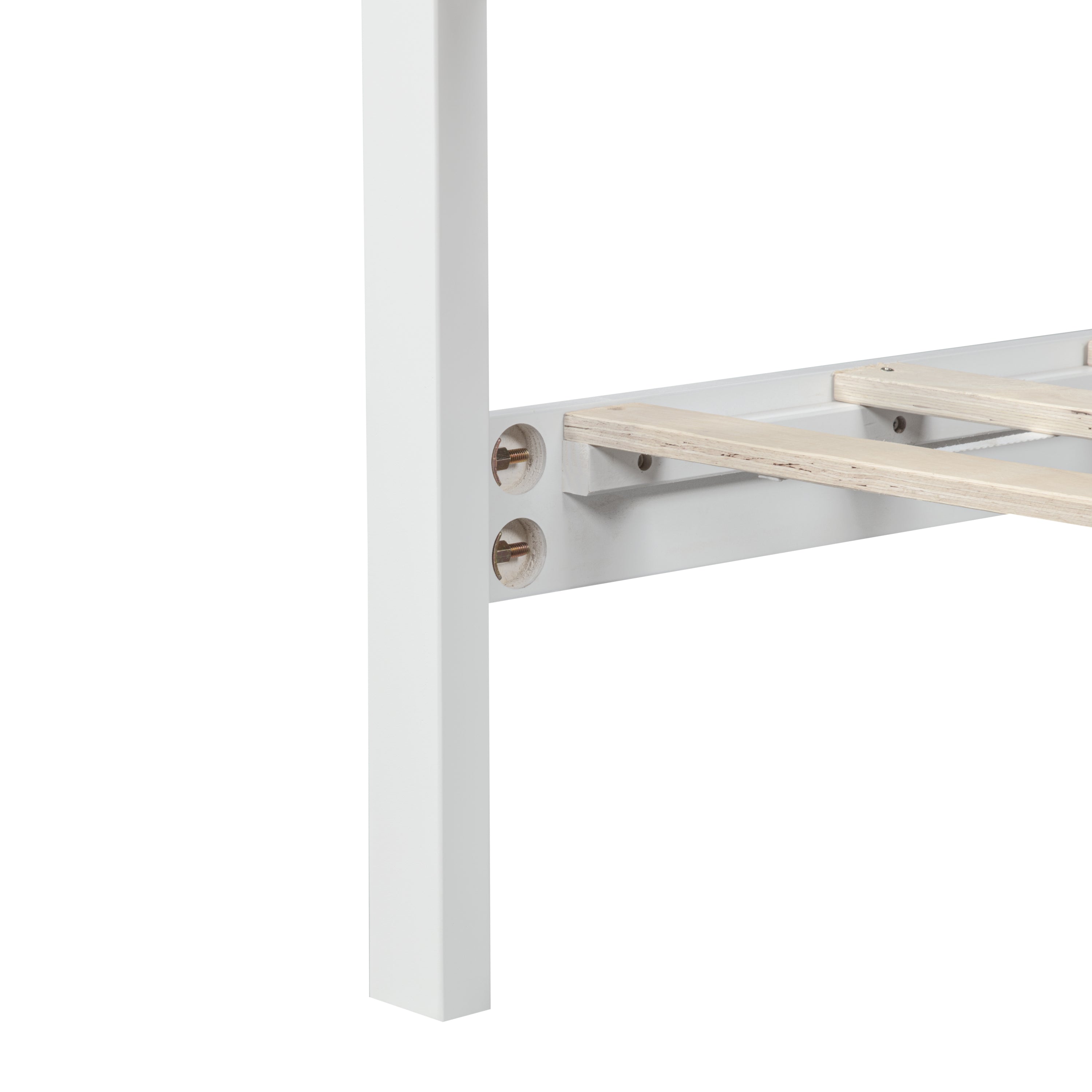 Close-up of a white leg and side rail joined by cam bolts next to a light wood slat