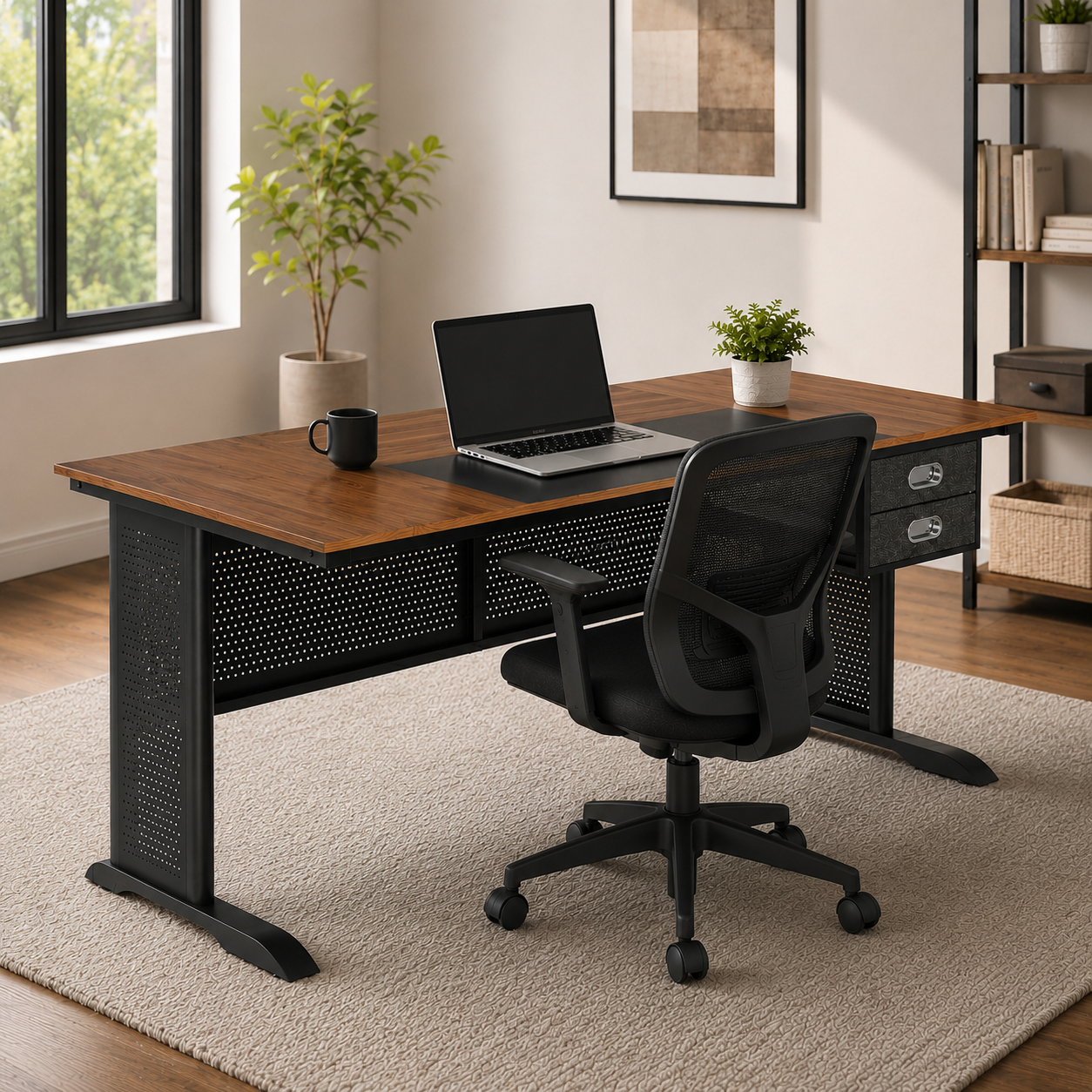 Modern Computer Desk with Drawers, 63 in, Black