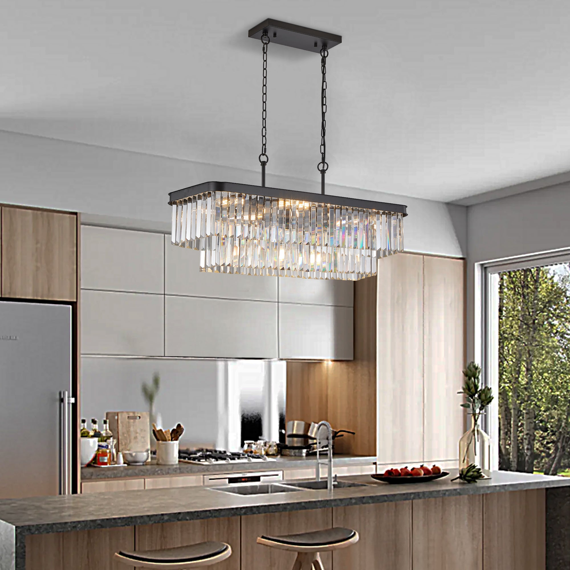 Chandelier, 11-Light Rectangular Crystal, Black Finish