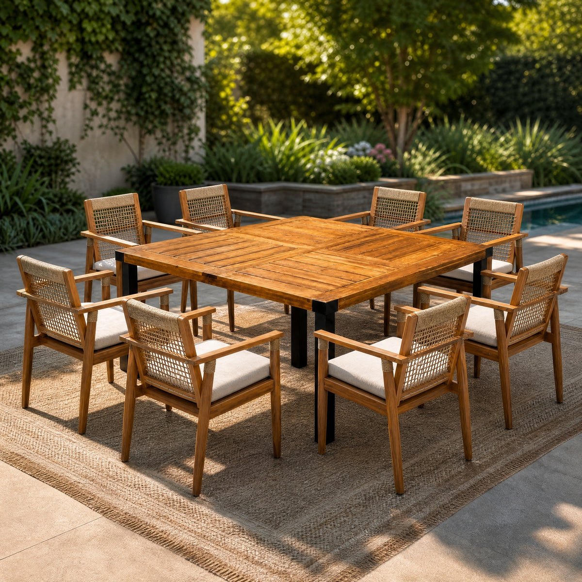 Teak Finish Solid Wood Patio Dining Set for 8, Beige Cushion