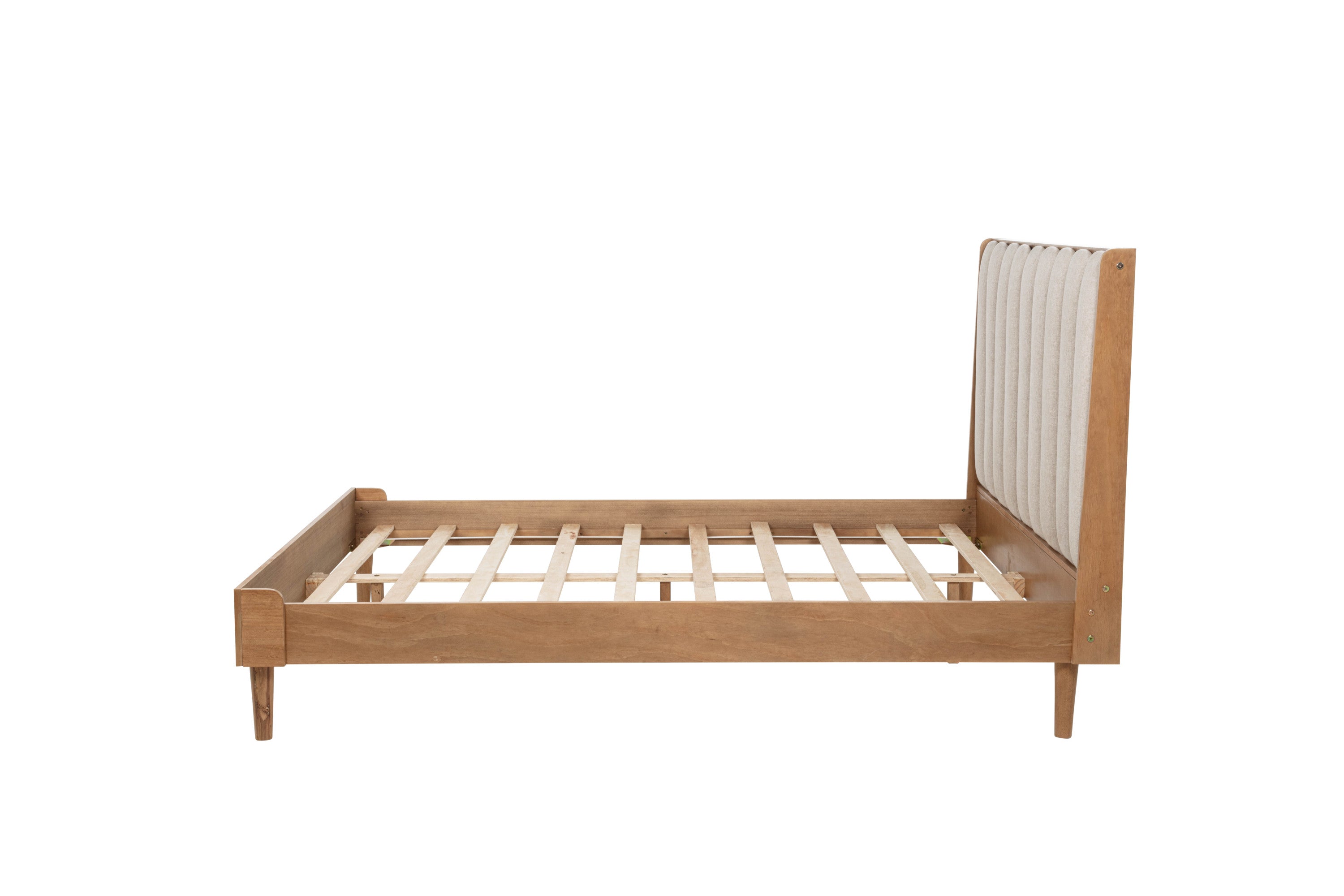 Reverse side profile of the wheat piano-key bed frame showing wood slats and rails