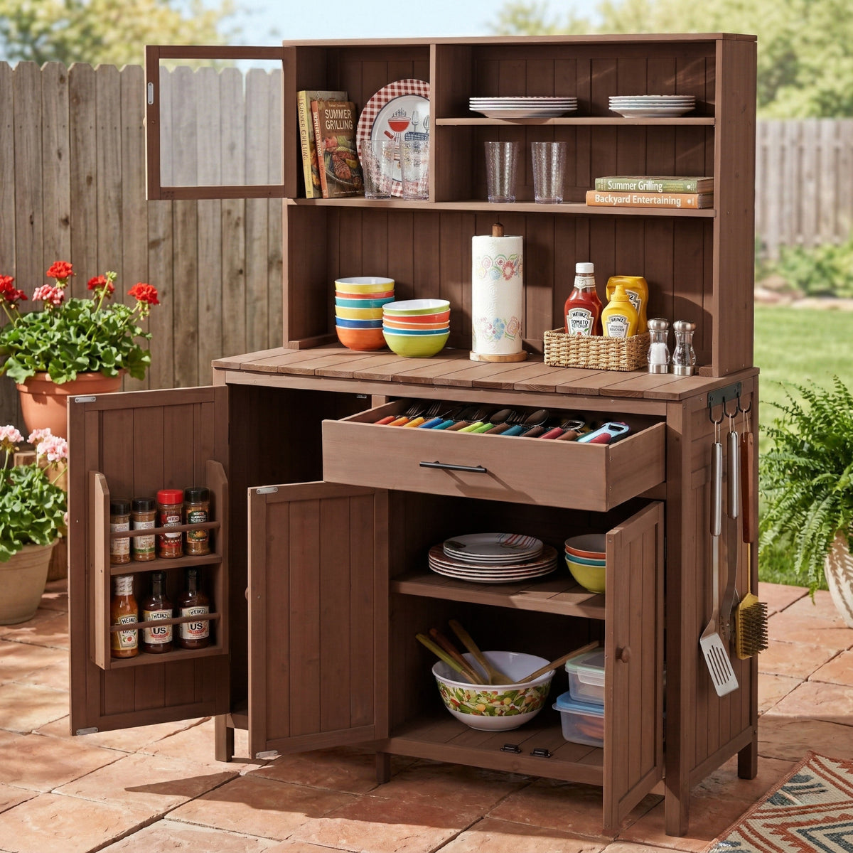Brown Solid Wood Potting Bench, with Shelves, 65 in Tall