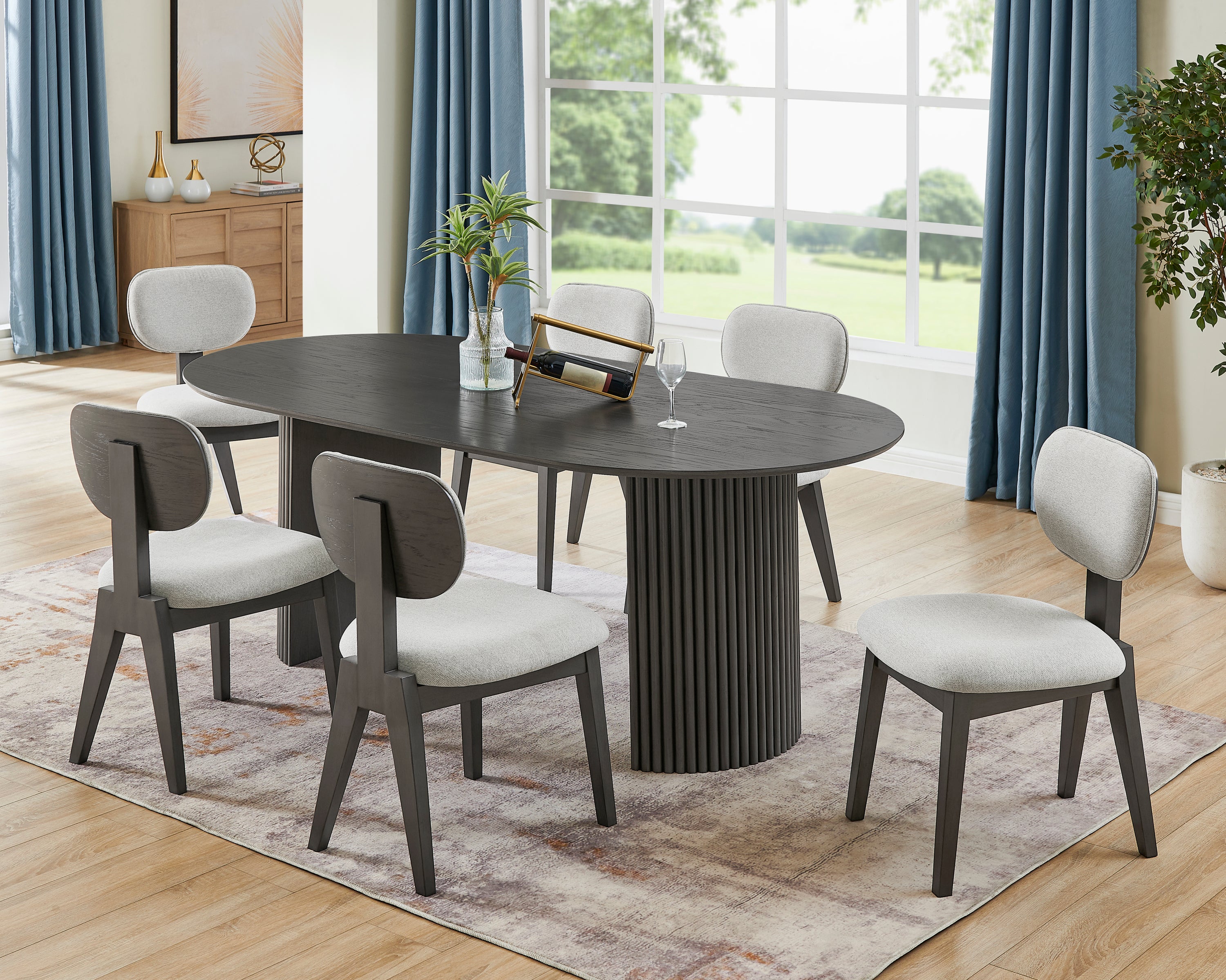 7-Piece Oval Dining Set, Gray Oak Table with 6 Upholstered Chairs