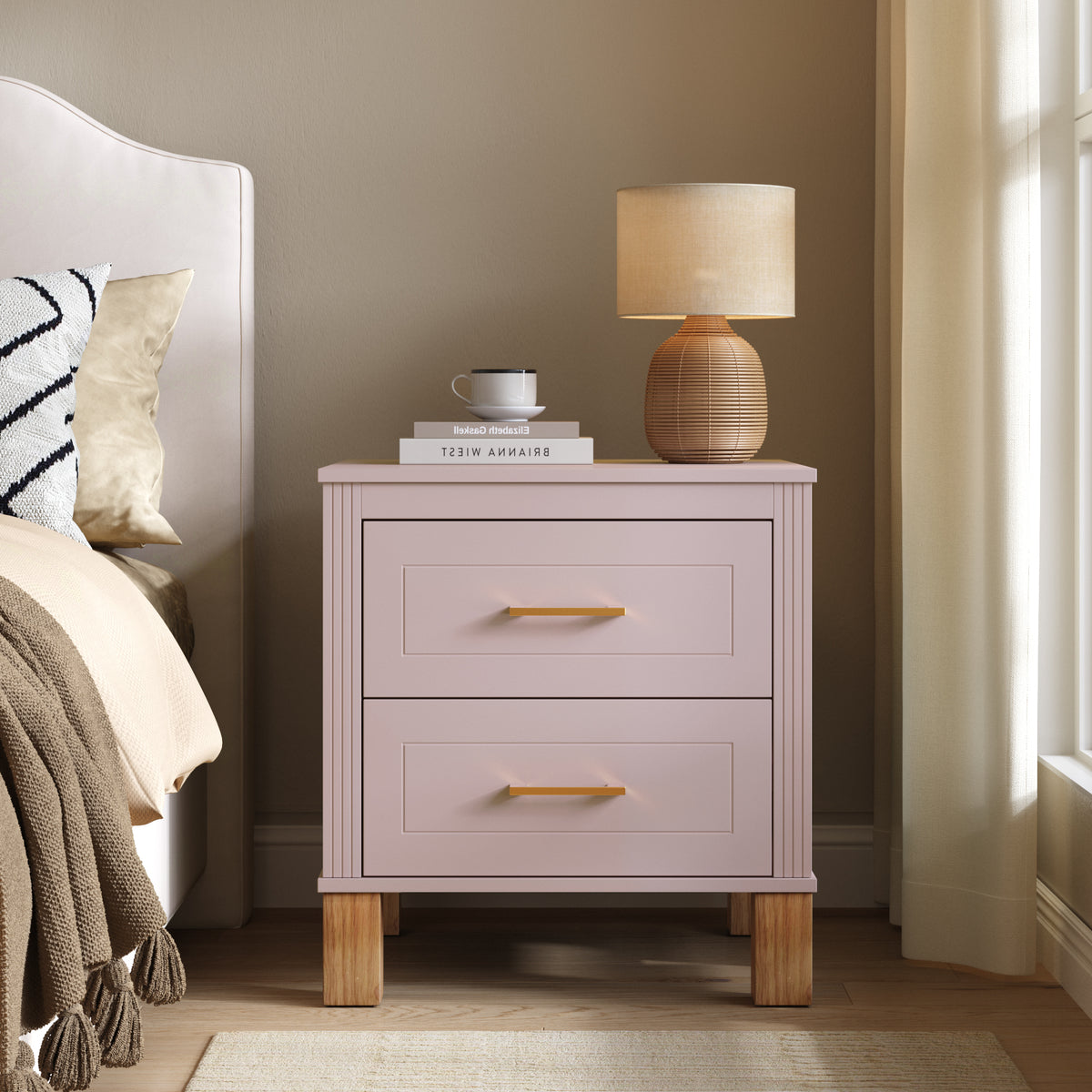 Pink Nightstand with 2 Drawers, Fluted Trim and Wood Legs