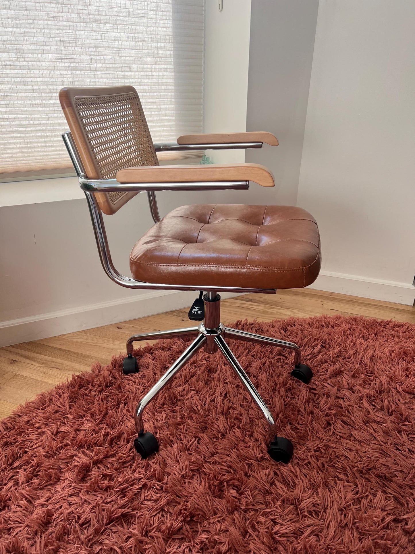 Mid Century Modern Desk & Office Chair – Handwoven Rattan & Vegan Leather