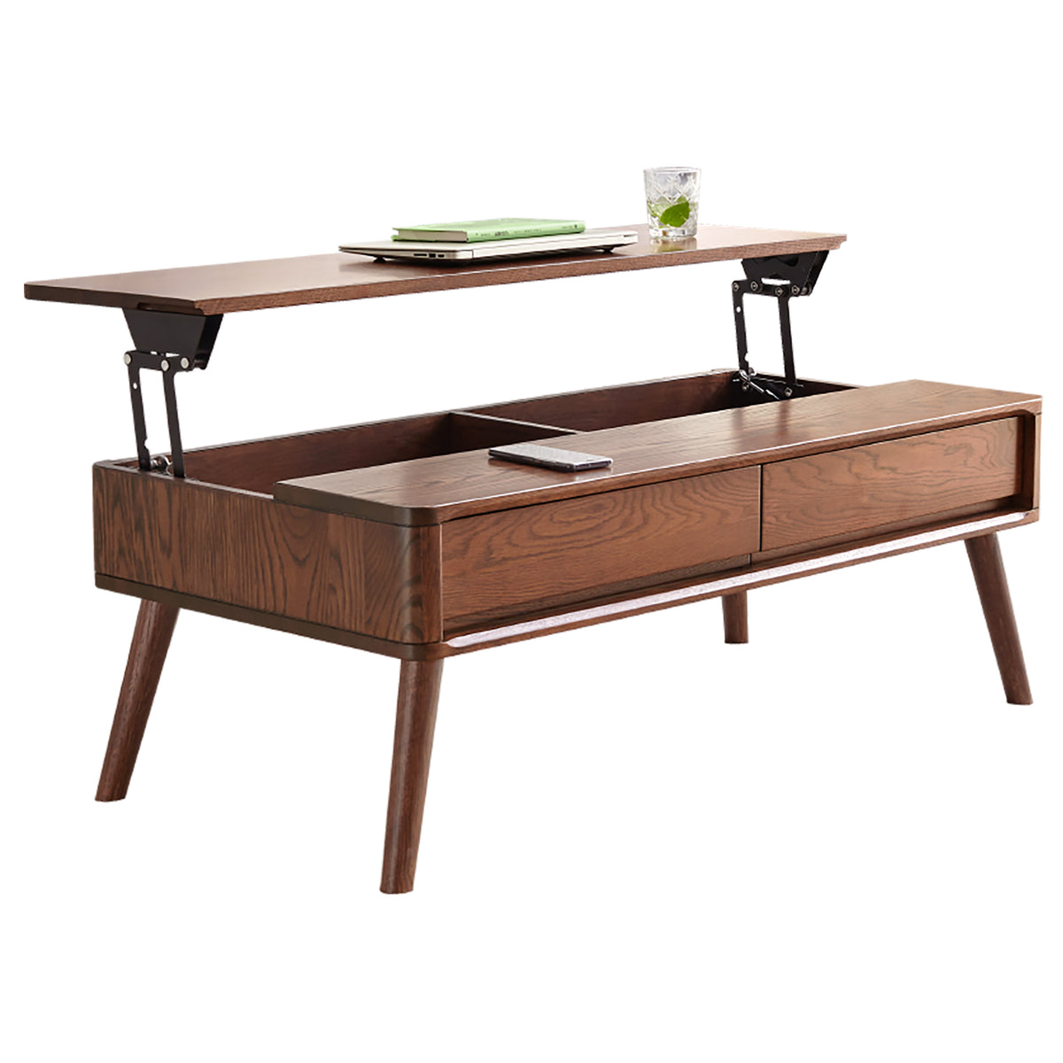 Walnut Solid Wood Rectangular Lift-Top Coffee Table, 39.4 in