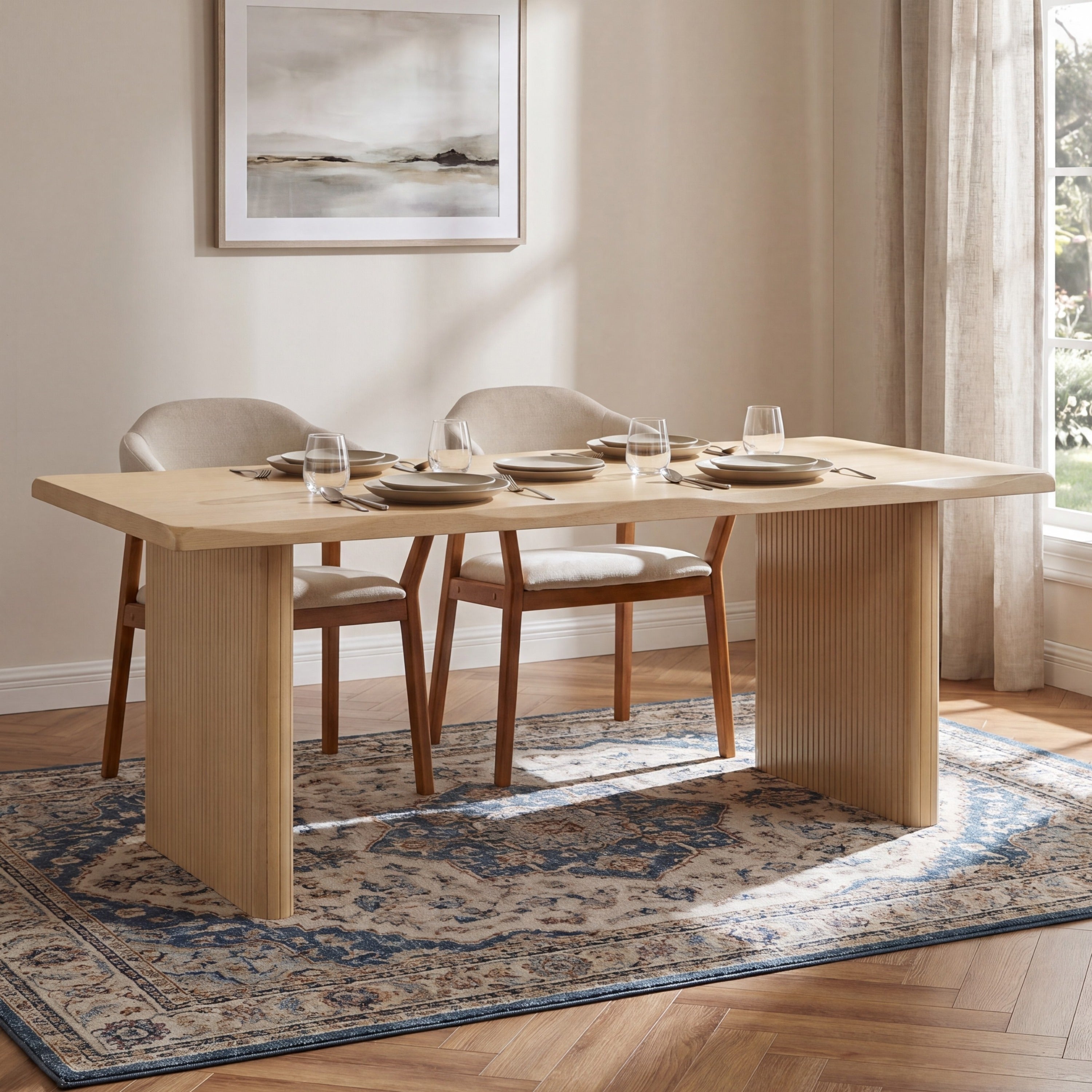 Natural oak dining table styled in a dining room with cream chairs and framed art