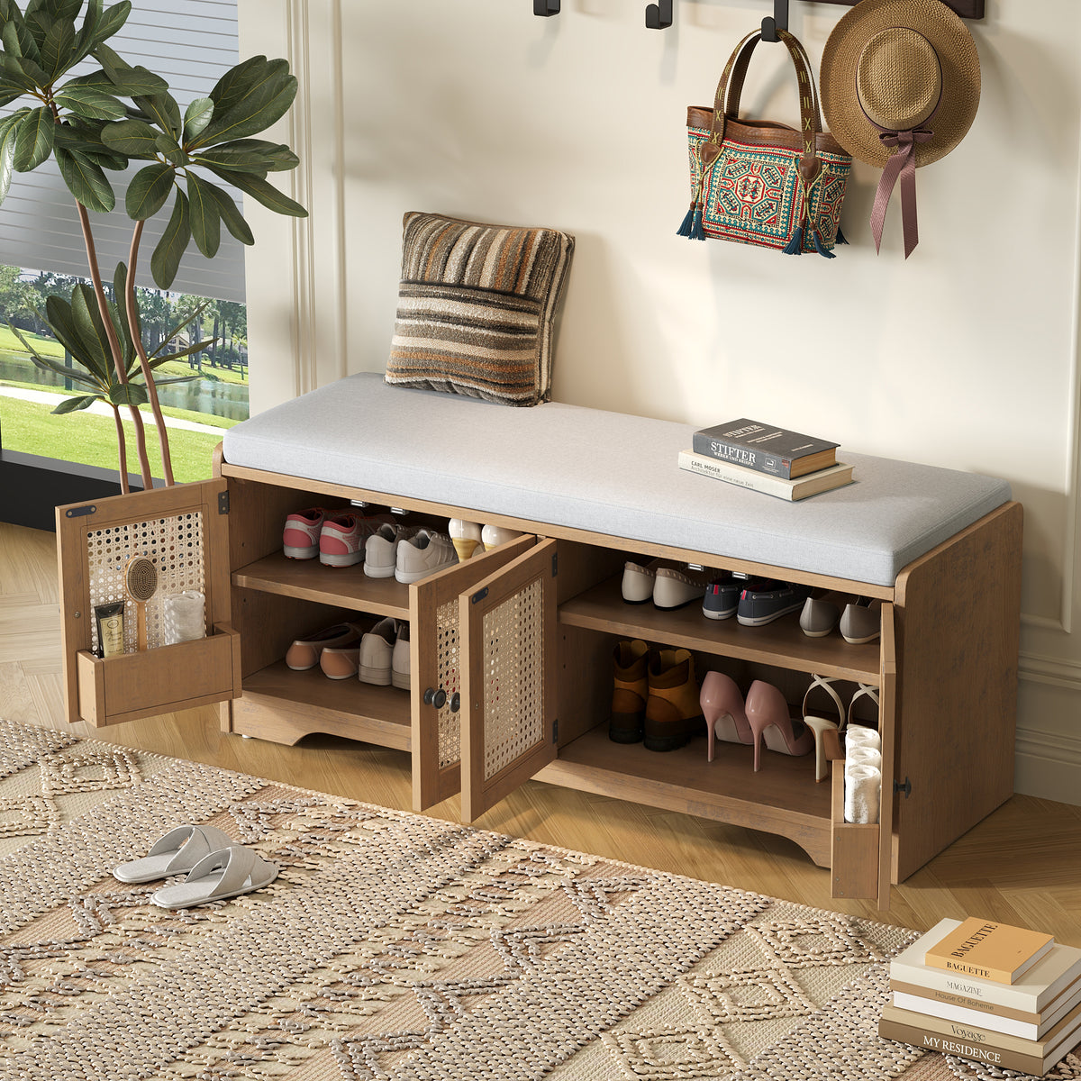 Beige Rattan Shoe Storage Bench, 47.4 in Wide, Brown Accents