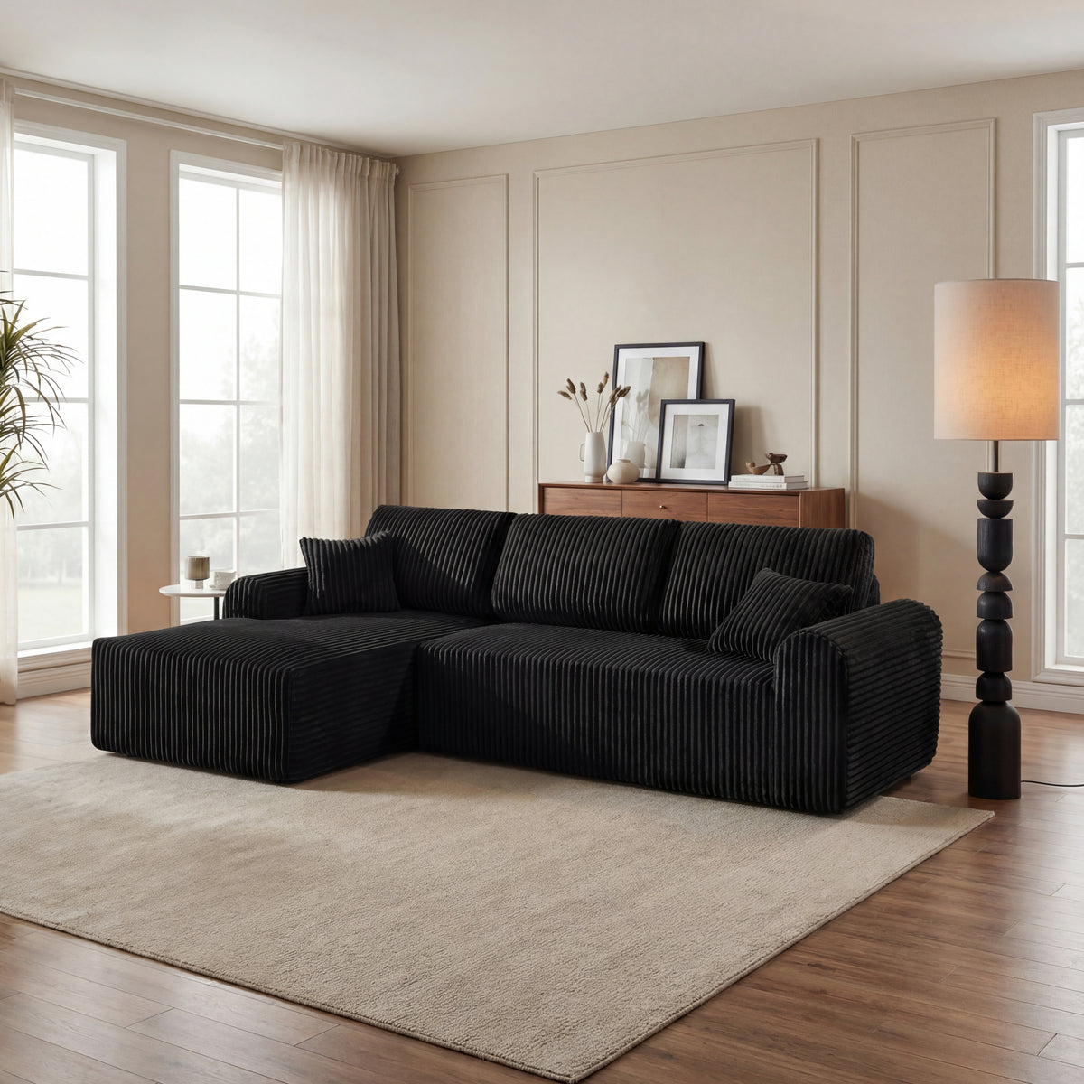 Black L-Shaped Modular Sectional with Chaise, 109 in Wide, Left-Facing