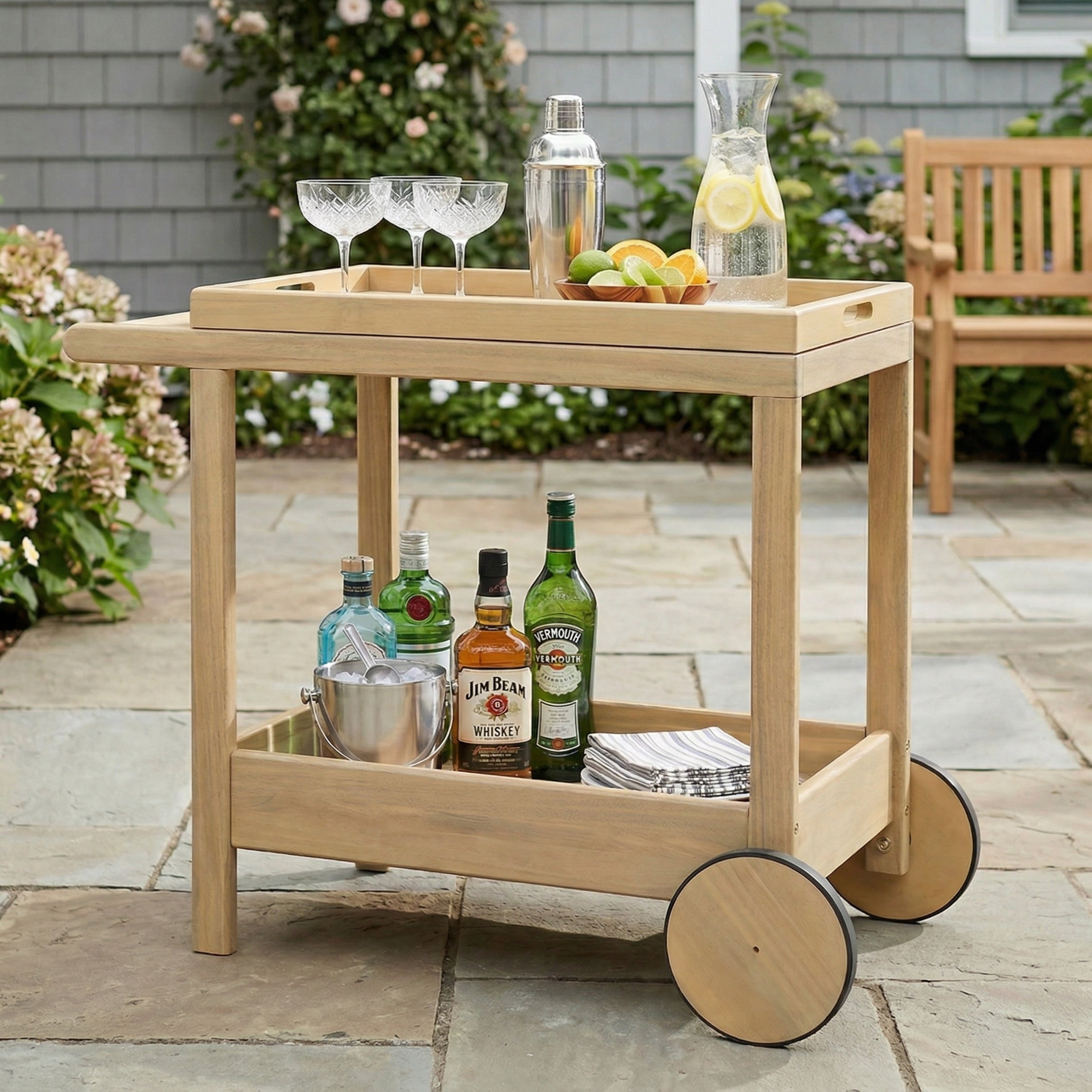 Acacia Wood Outdoor Bar Cart, Natural, Removable Tray Top