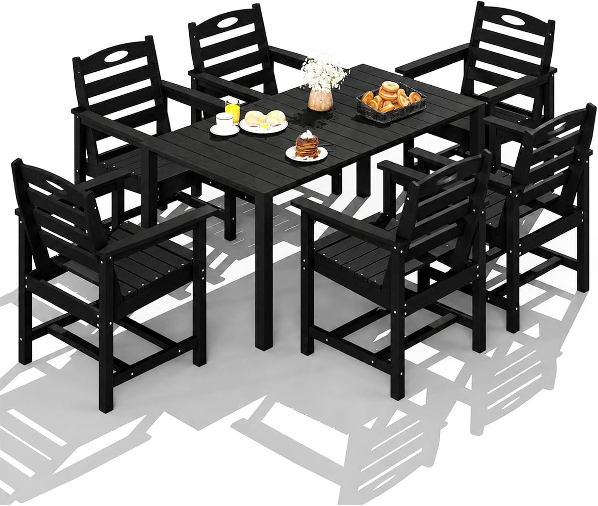Black HDPE 7-Piece Patio Dining Set with Umbrella Hole