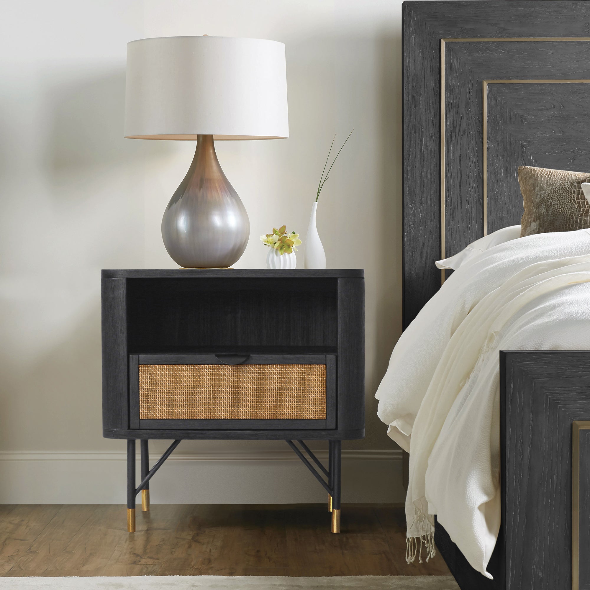 Rattan Nightstand with Open Shelf, Black Wood and Metal