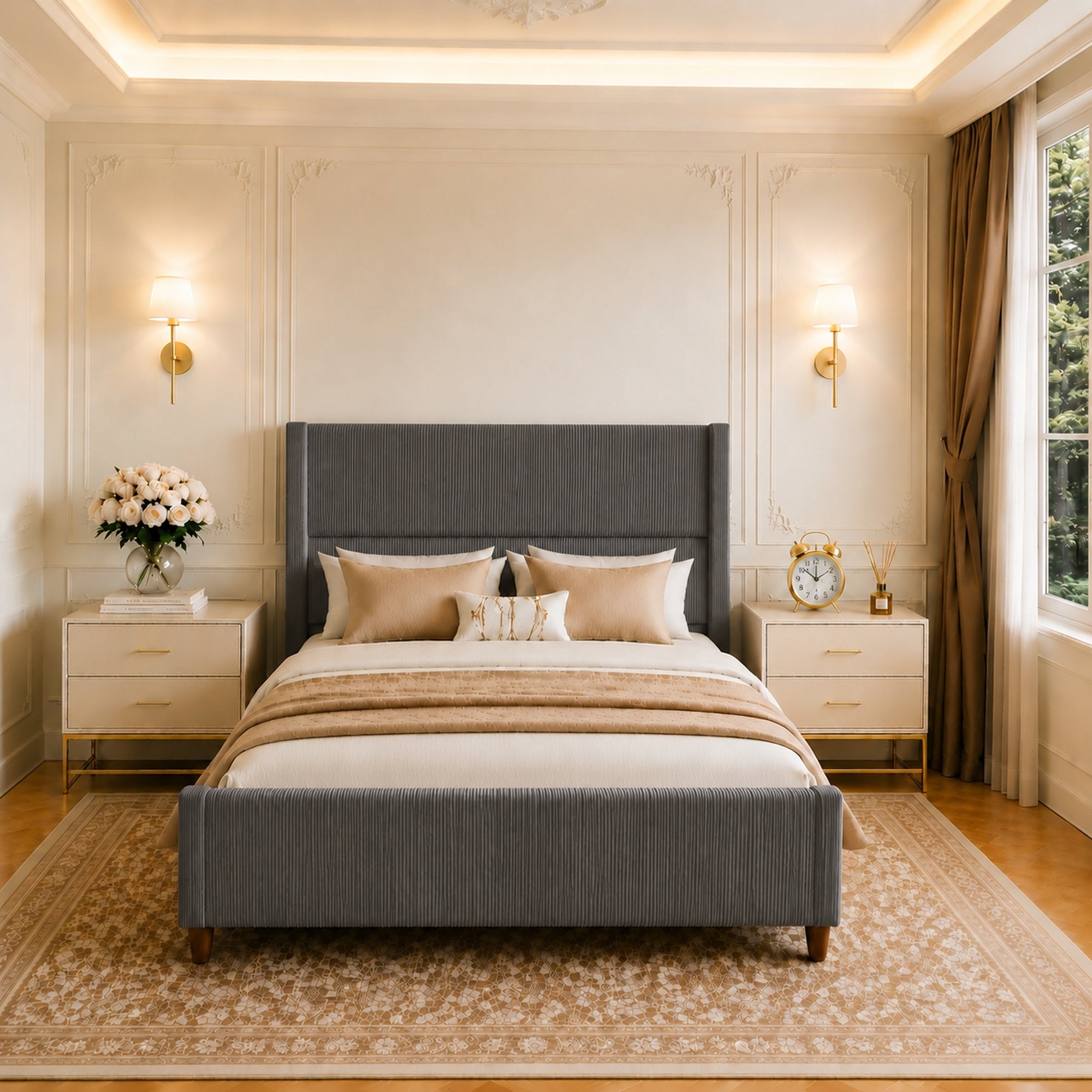 Dark Gray Corduroy Full Size Bed with Tapered Legs