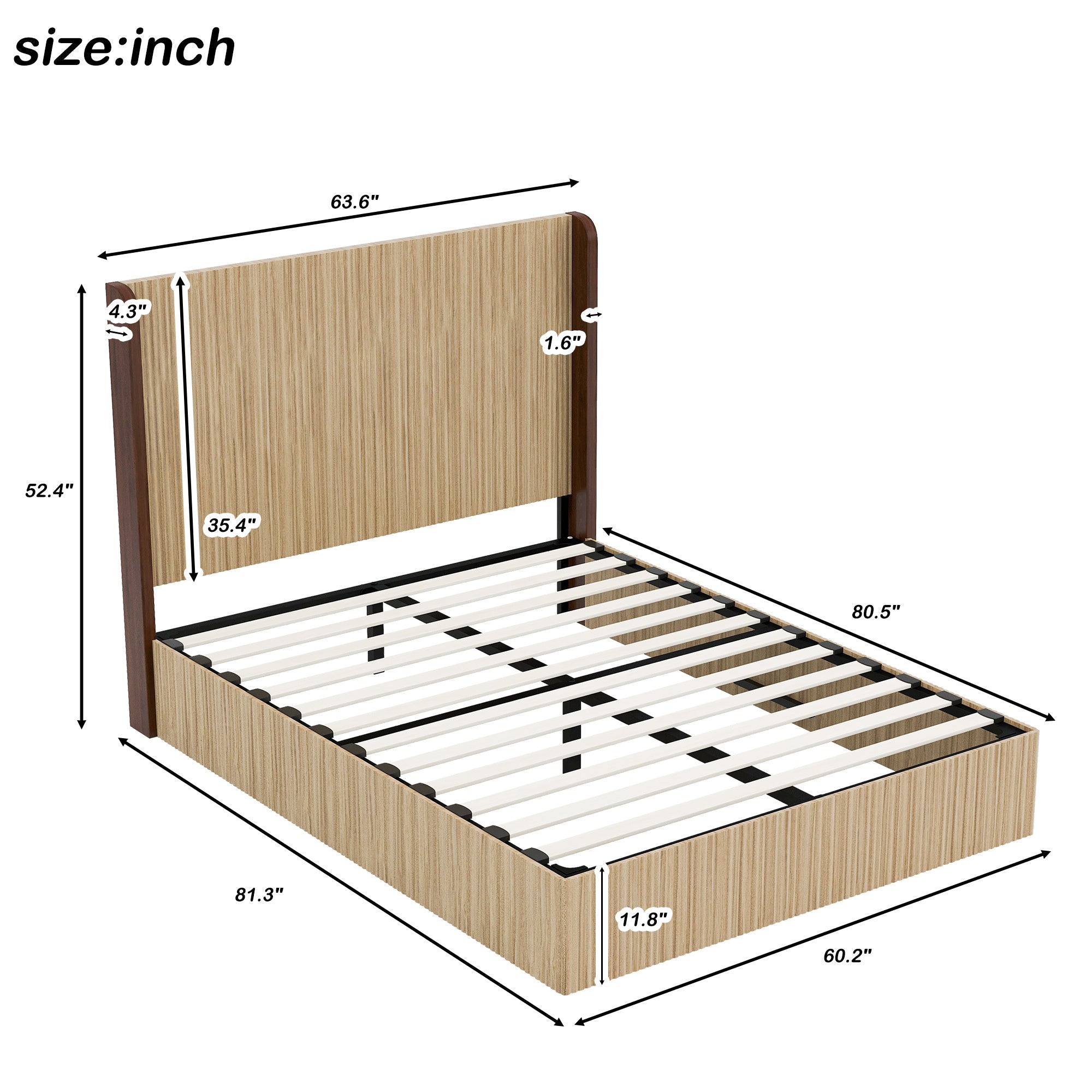Dimension diagram of the queen wooden bed frame: 81.3 in long, 63.78 in wide, 52.36 in tall