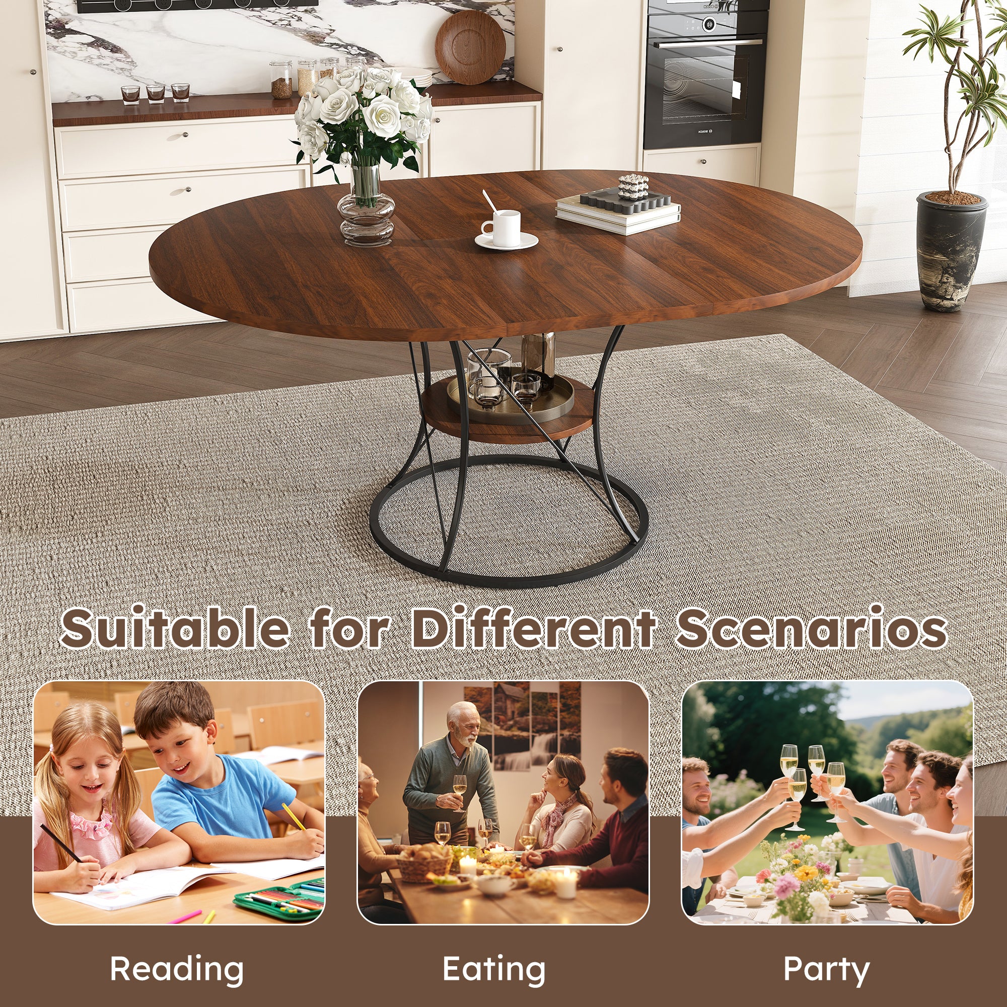 Walnut round dining table with reading, eating and party scenario photos below, styled kitchen view