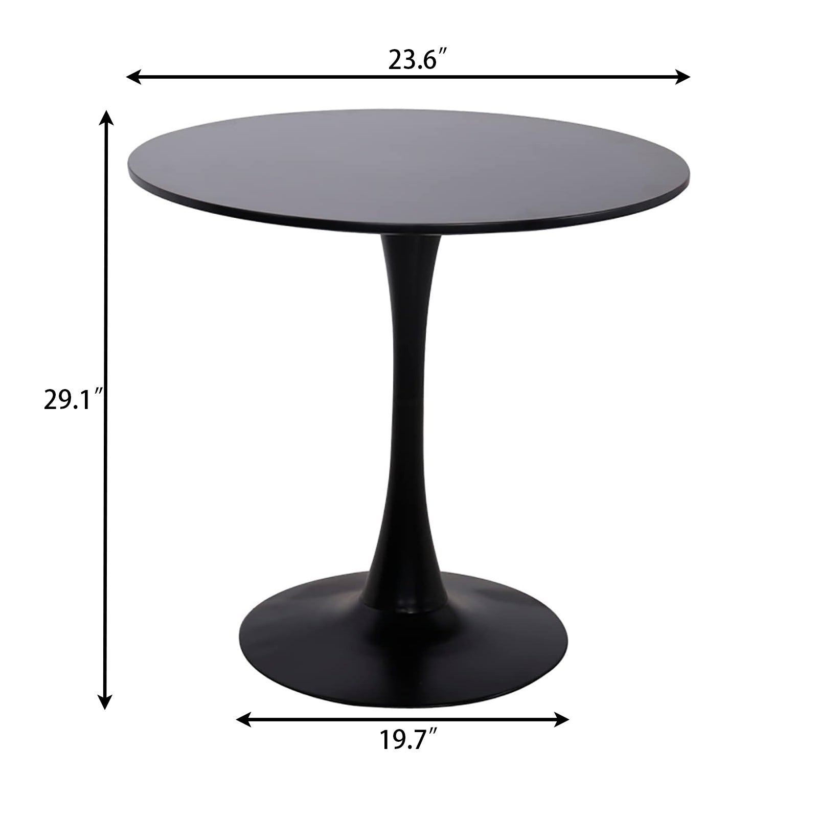 Dimension diagram of round black tulip table, 23.6 inch top, 29.1 inch height, 19.7 inch base