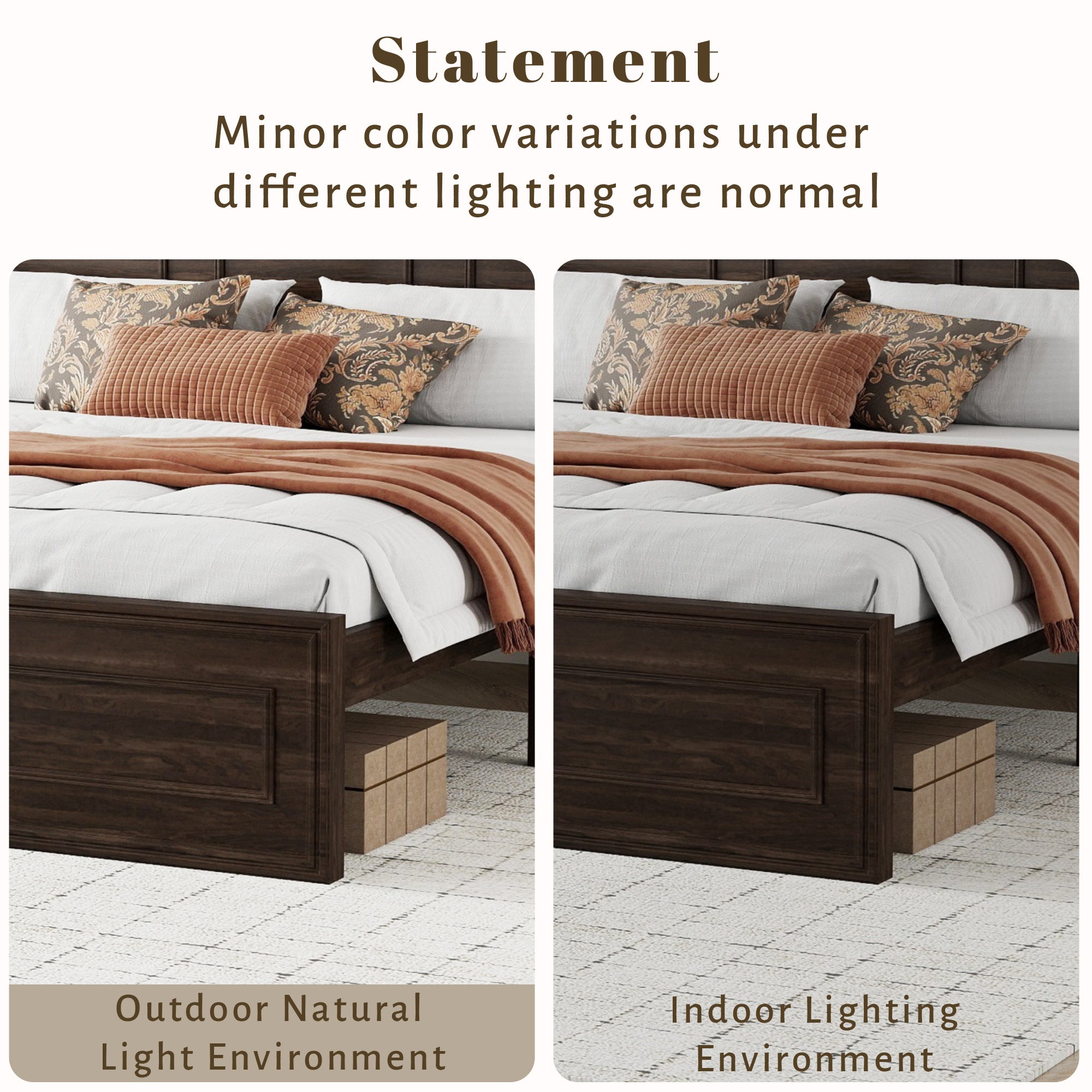 Comparison of the rich brown bed footboard shown under outdoor and indoor lighting #Color_Rich Brown