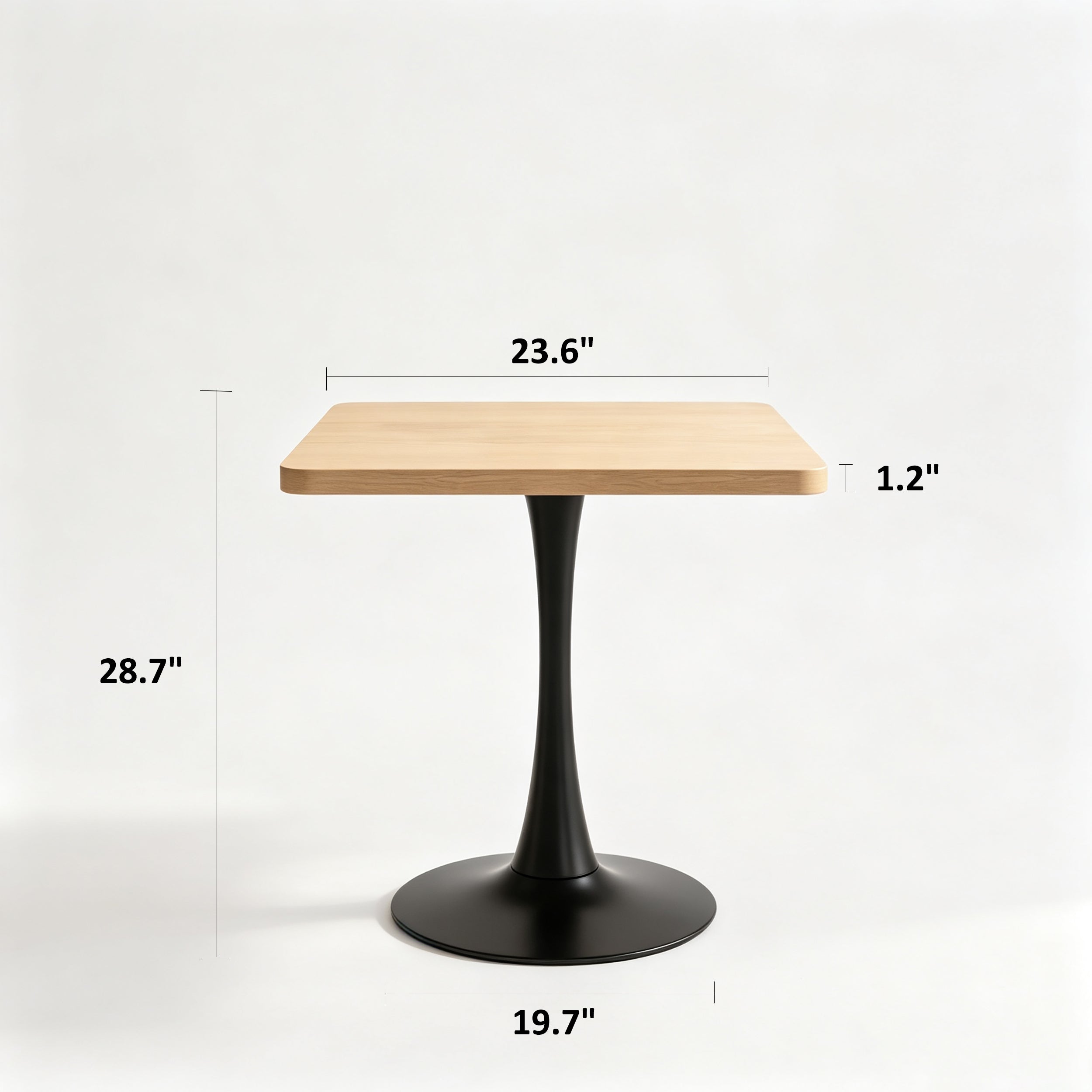 Natural square tulip bistro table dimension diagram: 23.6 inch top, 1.2 inch edge, 28.7 inch height, 19.7 inch base