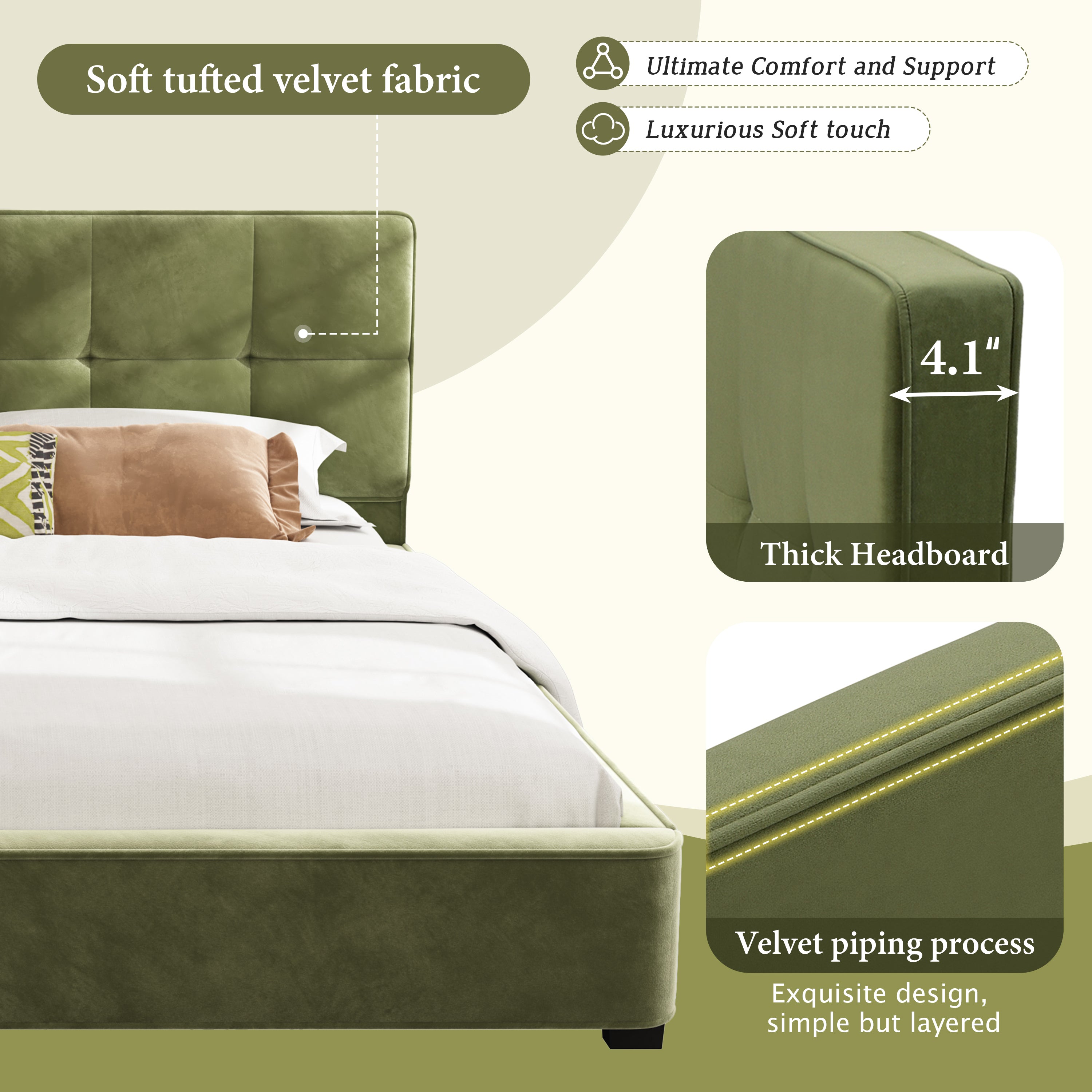 Close-up of olive green velvet fabric showing smooth silky texture