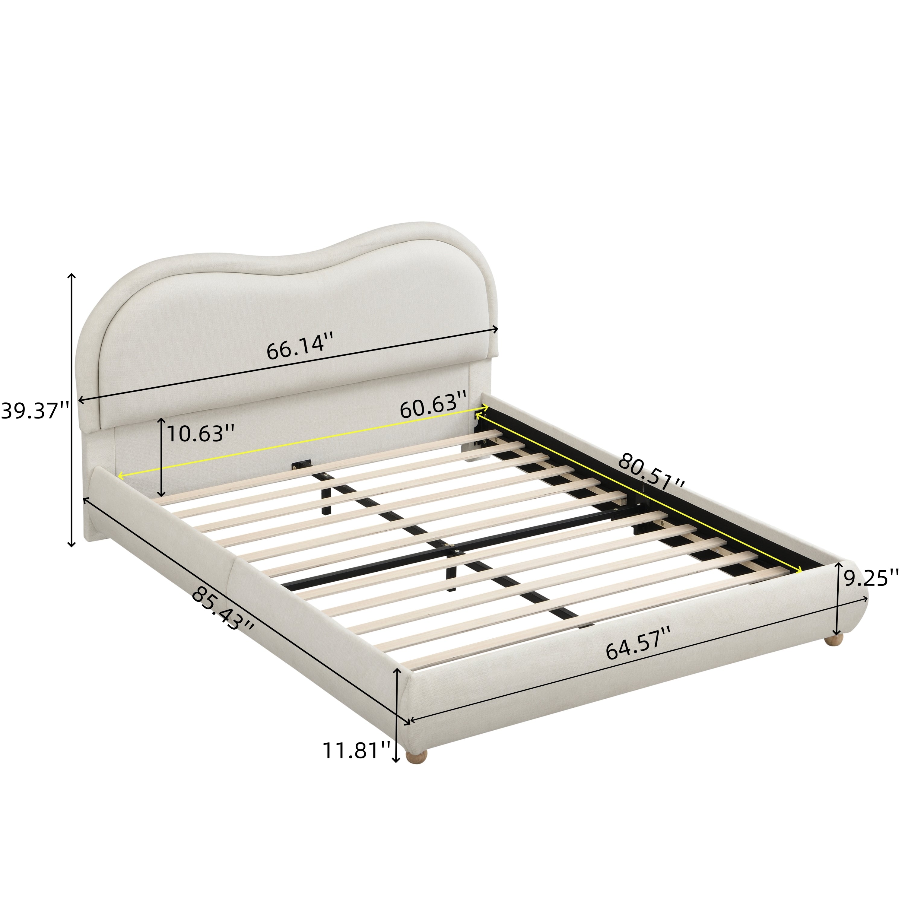 Beige chenille queen platform bed diagram with dimension measurements on white background #Color_Beige