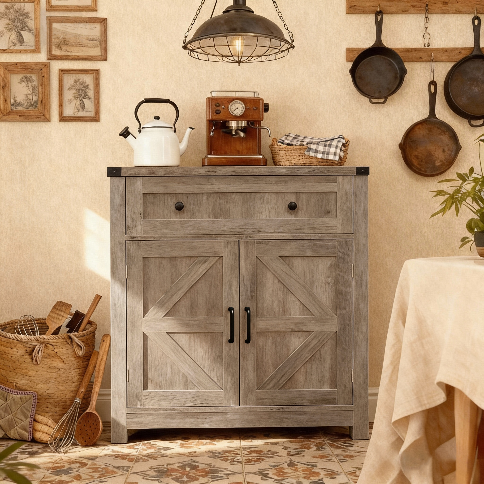 Gray-Washed Farmhouse Barn-Door Sideboard, Drawer & 2 Doors