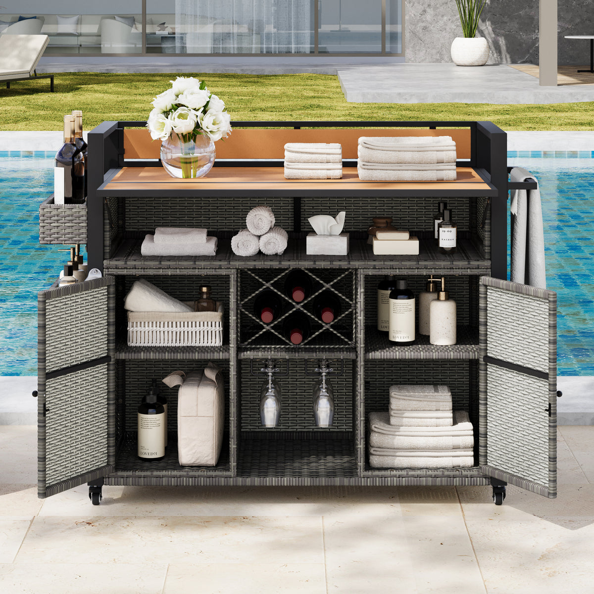 Gray Wicker Grill Cart with Wheels
