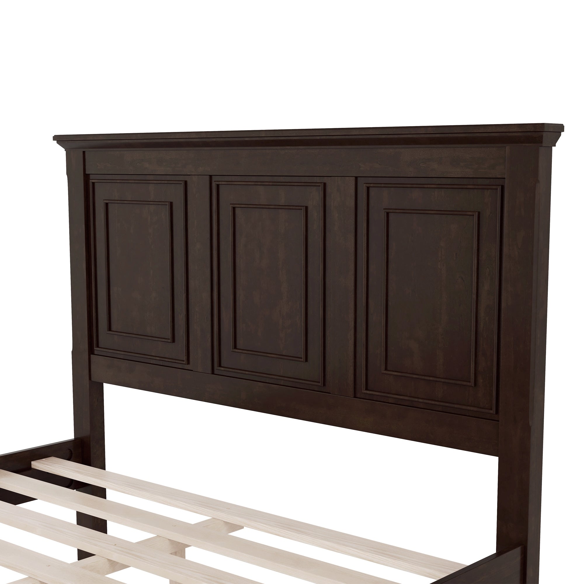 Close-up of the three raised panels across the brown queen bed headboard